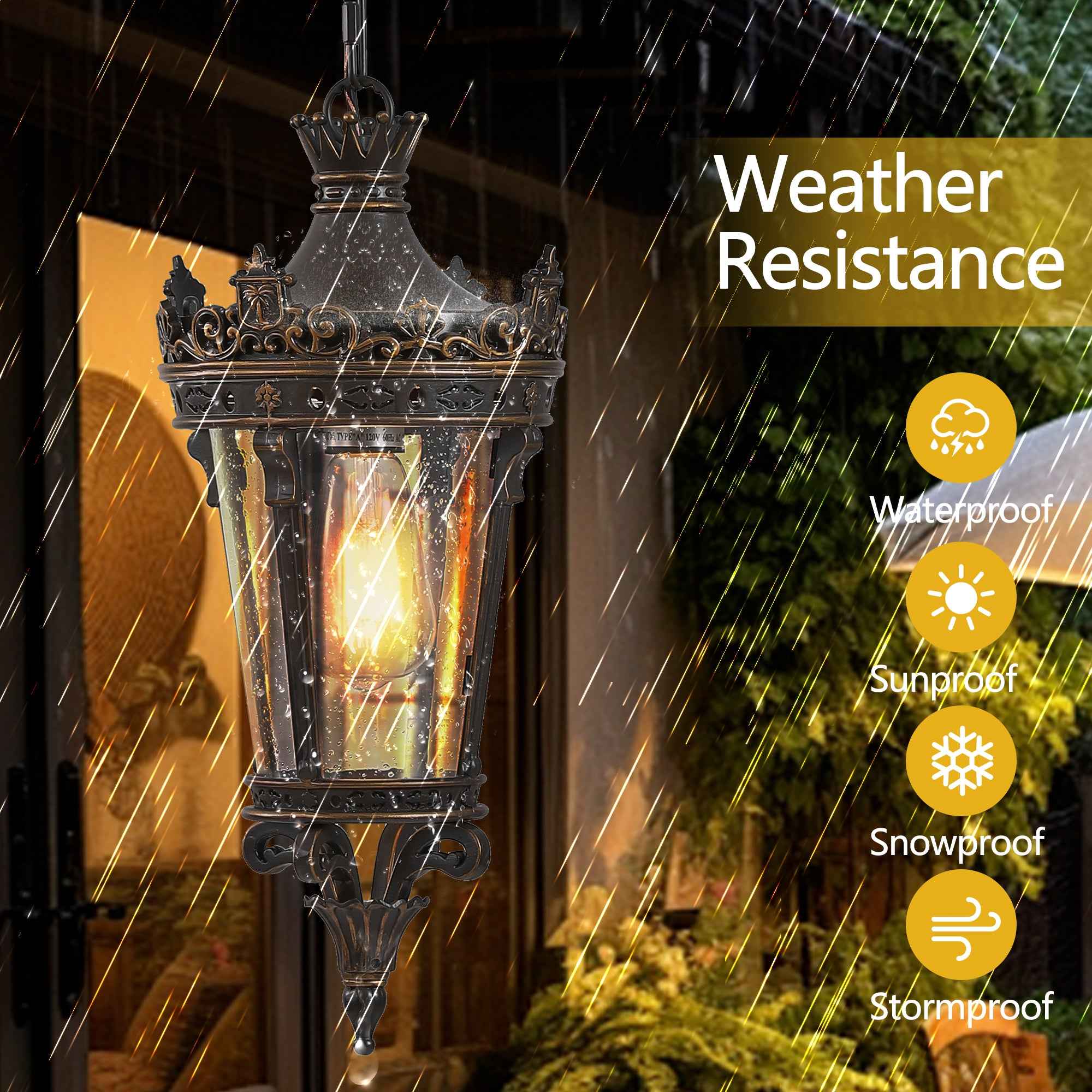 18'(H) Antique Crown Outdoor Hanging Lantern, Waterproof Vintage Pendant Light with Ornate Metal Design and Clear Glass for Patio, Garden, Porch, Entryway Lighting (One piece&No bulb)