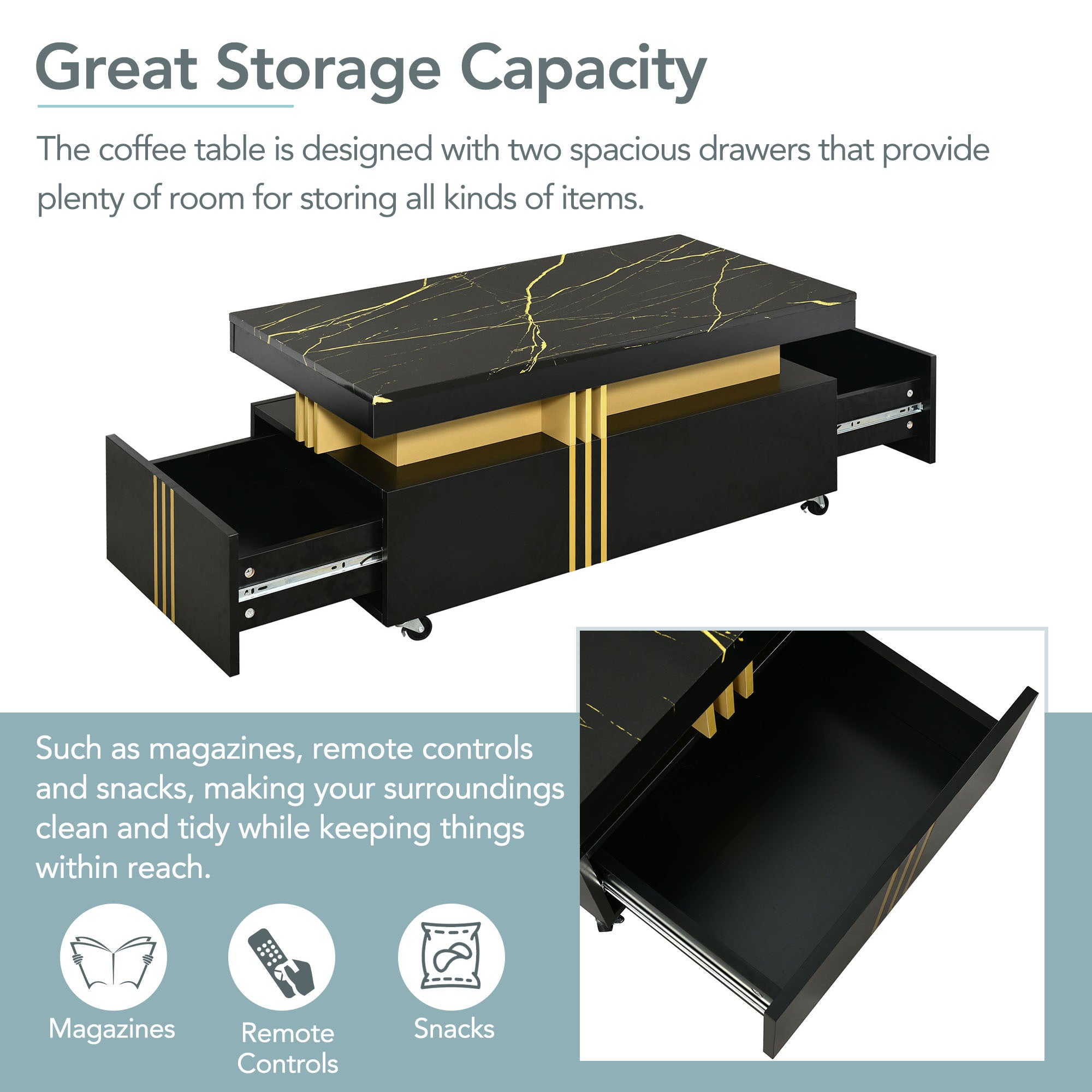 [VIDEO provided] ON-TREND Contemporary Coffee Table with Faux Marble Top, Rectangle Cocktail Table with Caster Wheels, Moderate Luxury Center Table with Gold Metal Bars for Living Room, Black - Abrihome