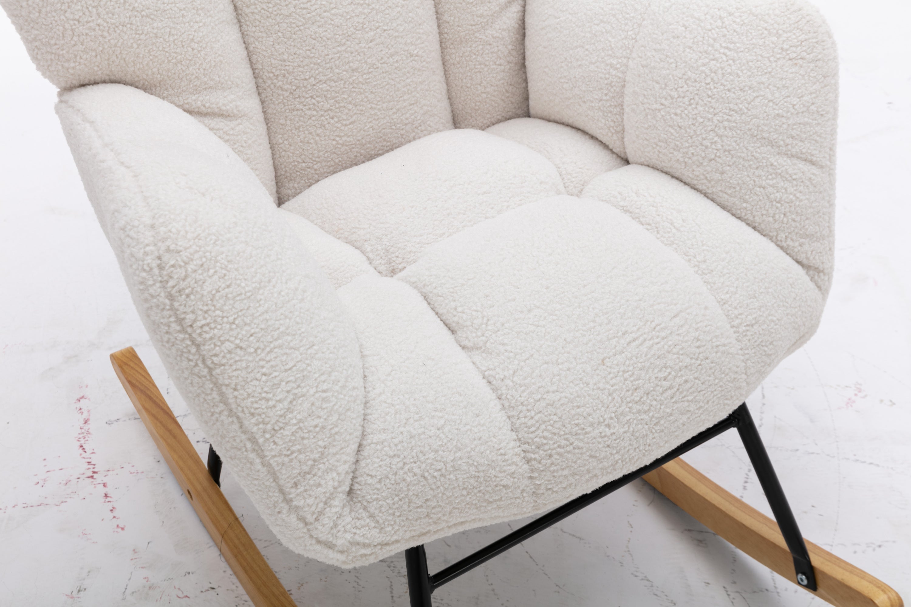 Mid Century Modern Teddy Fabric Tufted Upholstered Rocking Chair Padded Seat For Living Room Bedroom,Ivory White