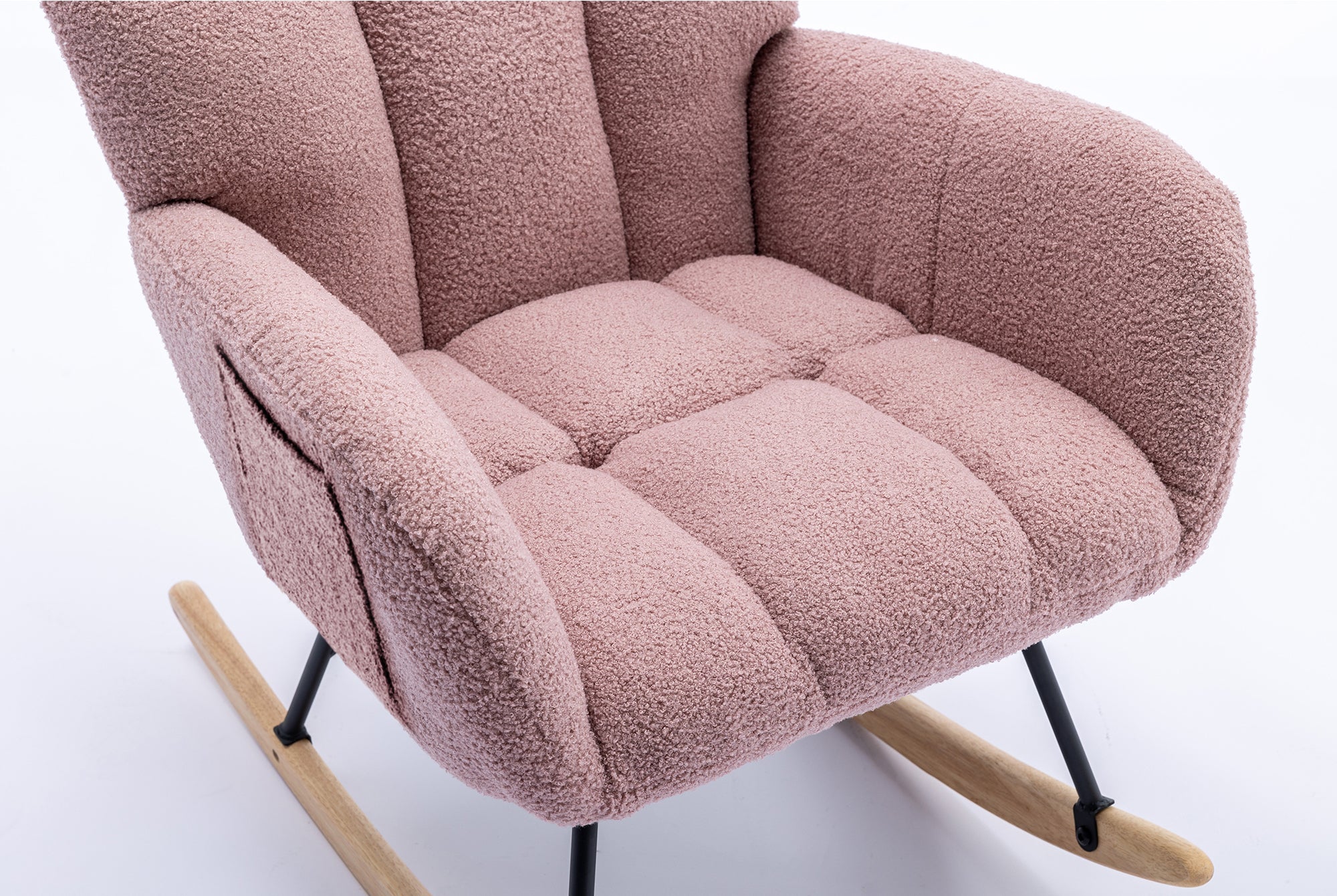 Rocking Chair with Pocket, Soft Teddy Fabric Rocking Chair for Nursery, Comfy Wingback Glider Rocker with Safe Solid Wood Base for Living Room Bedroom Balcony (pink)