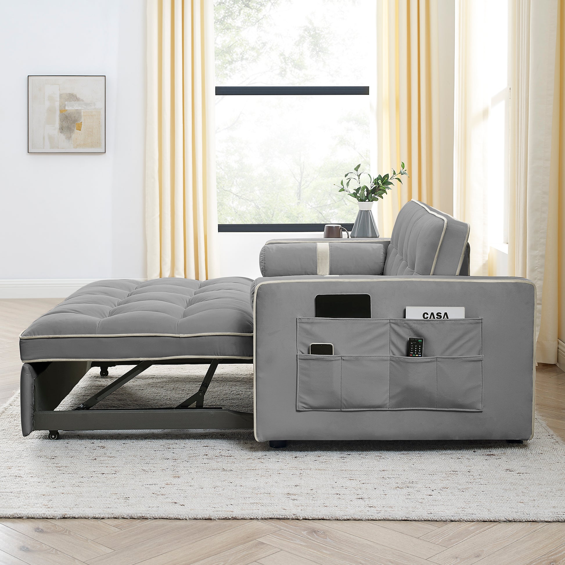 Modern 55.5' Pull Out Sleep Sofa Bed 2 Seater Loveseats Sofa Couch with side pockets, Adjsutable Backrest and Lumbar Pillows for Apartment Office Living Room - Abrihome