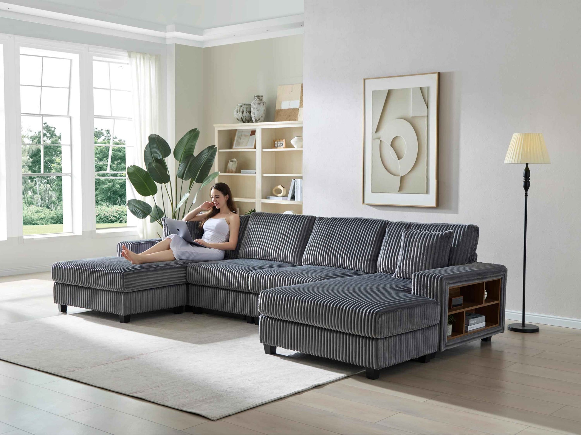 Convertible U-shaped Combination Sofa, Corduroy Fabric, Modern Comfortable Large Size 4 Seat Sofa, Living Room Double Lounge Chair , Dark Grey