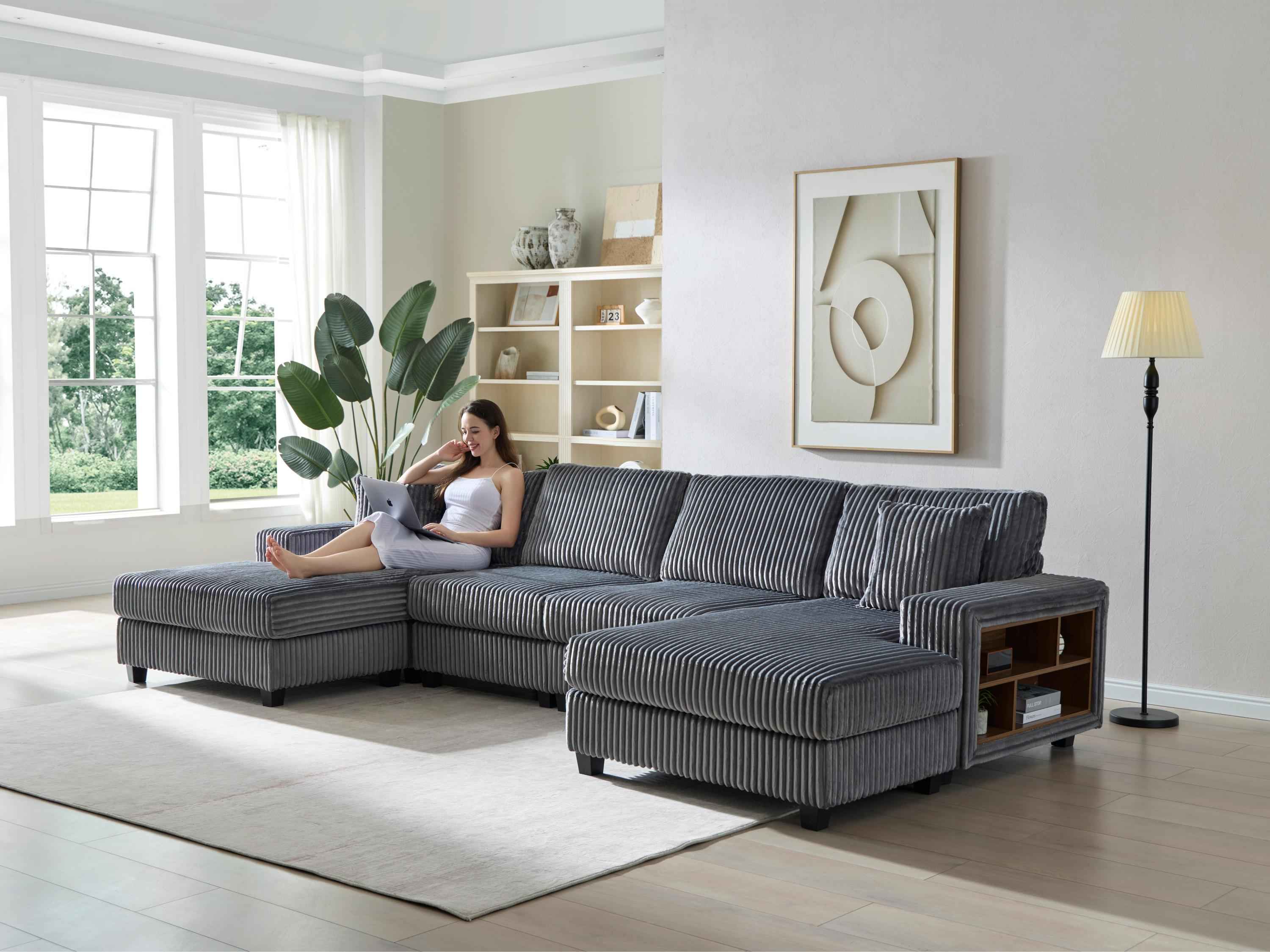 Convertible U-shaped Combination Sofa, Corduroy Fabric, Modern Comfortable Large Size 4 Seat Sofa, Living Room Double Lounge Chair , Dark Grey