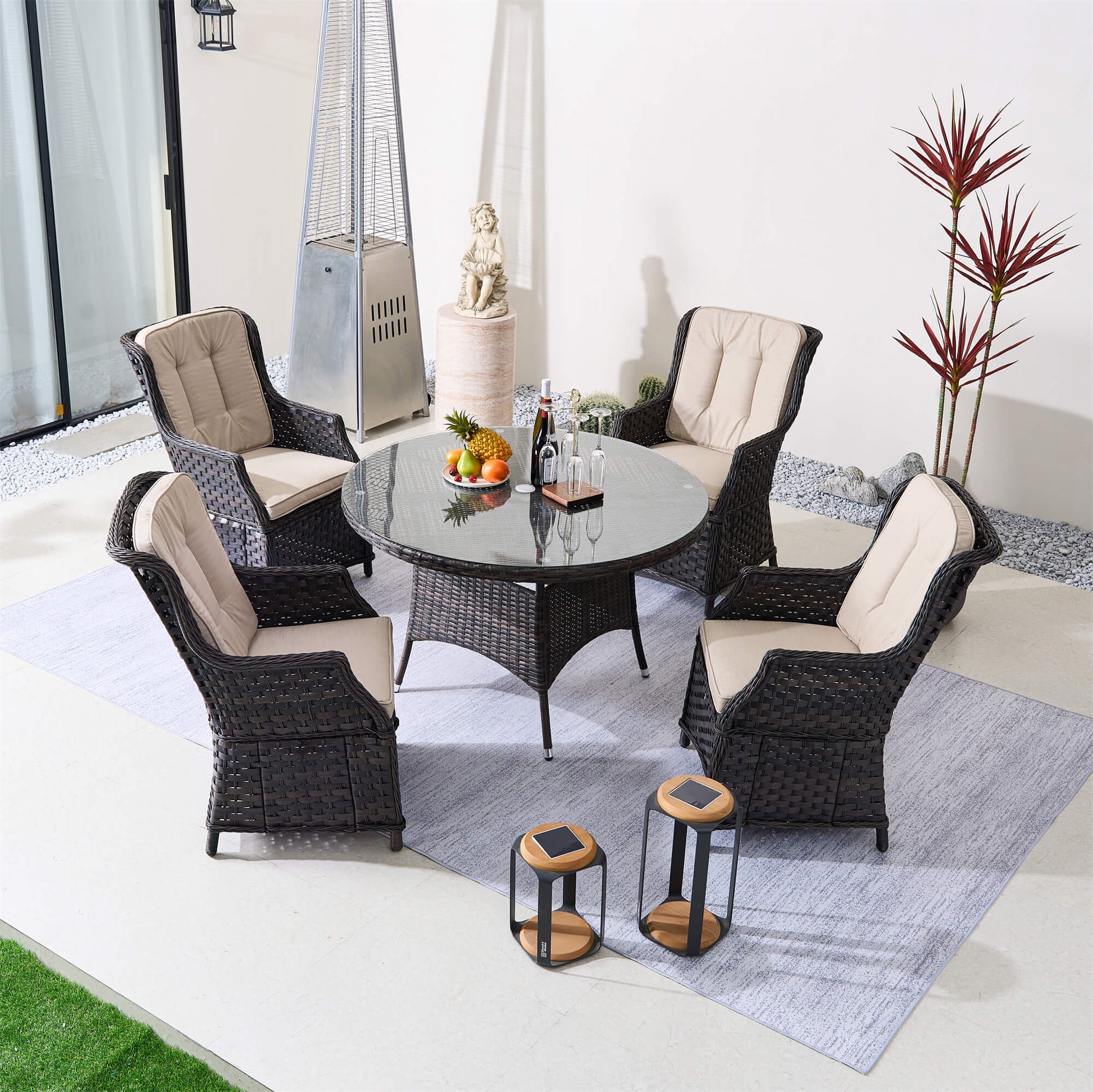 4-Seater Outdoor PE Wicker Dining Set with Round Table and Cushions(PAD-1709+010) - Abrihome
