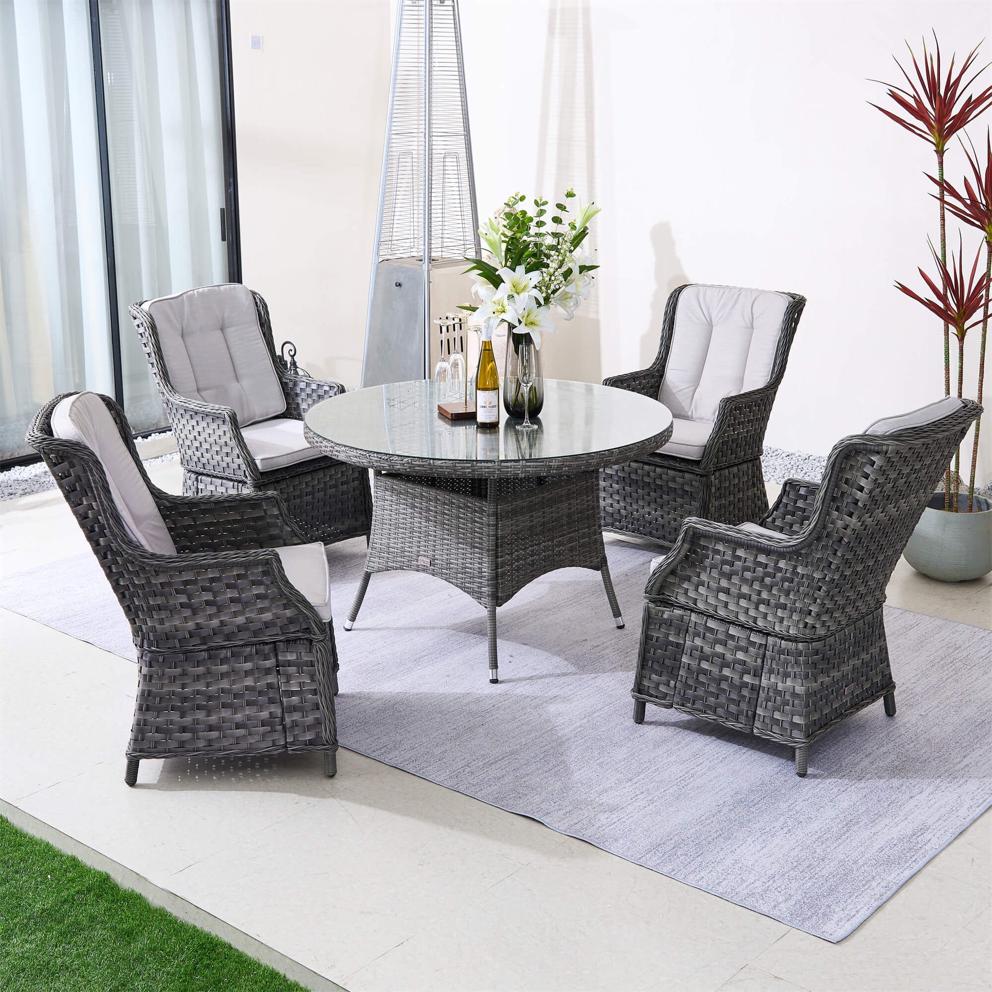 4-Seater Outdoor PE Wicker Dining Set with Round Table and Cushions(PAD-1709+010) - Abrihome