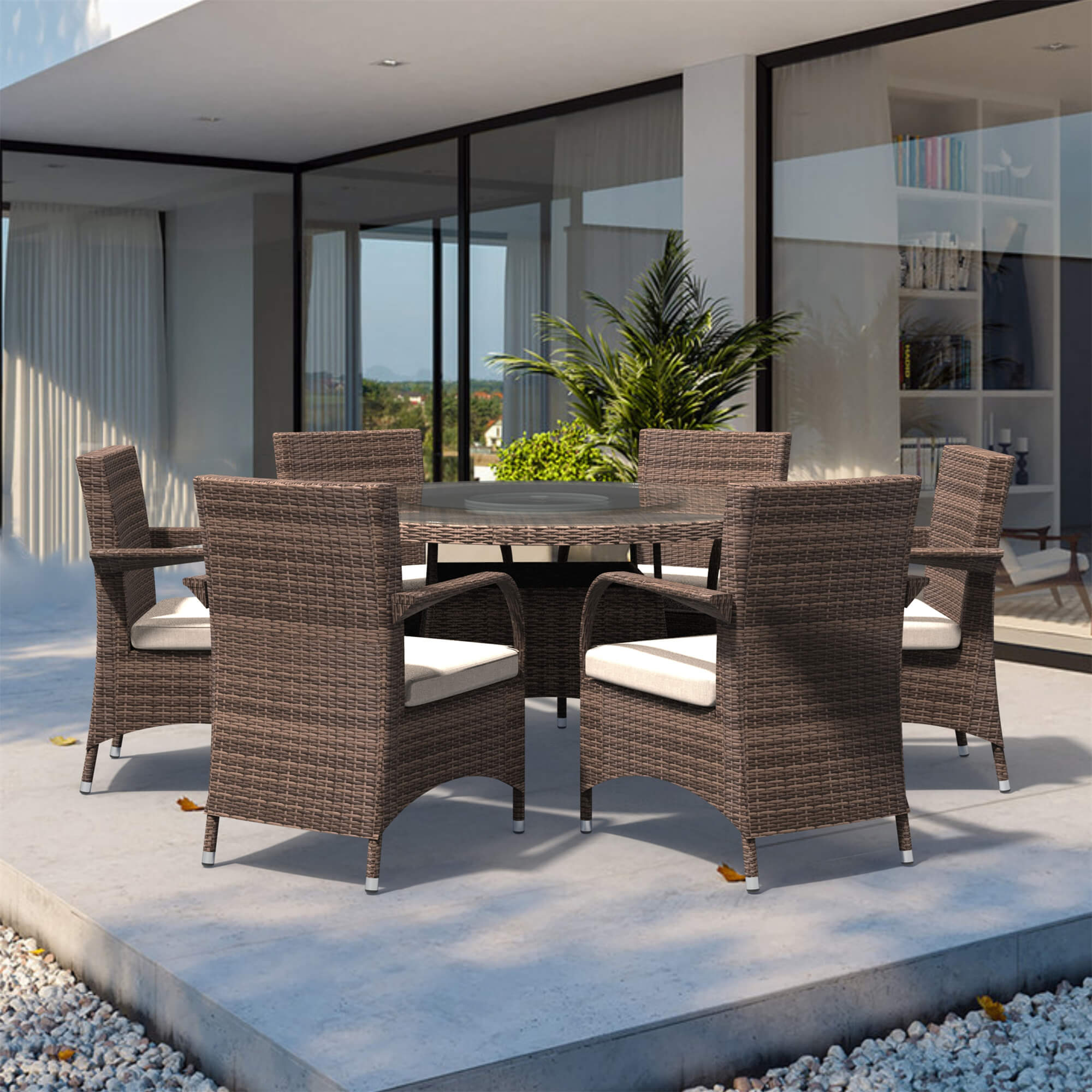 7-Piece Outdoor Round PE Wicker Dining Set(PAD-1711+1122) - Abrihome