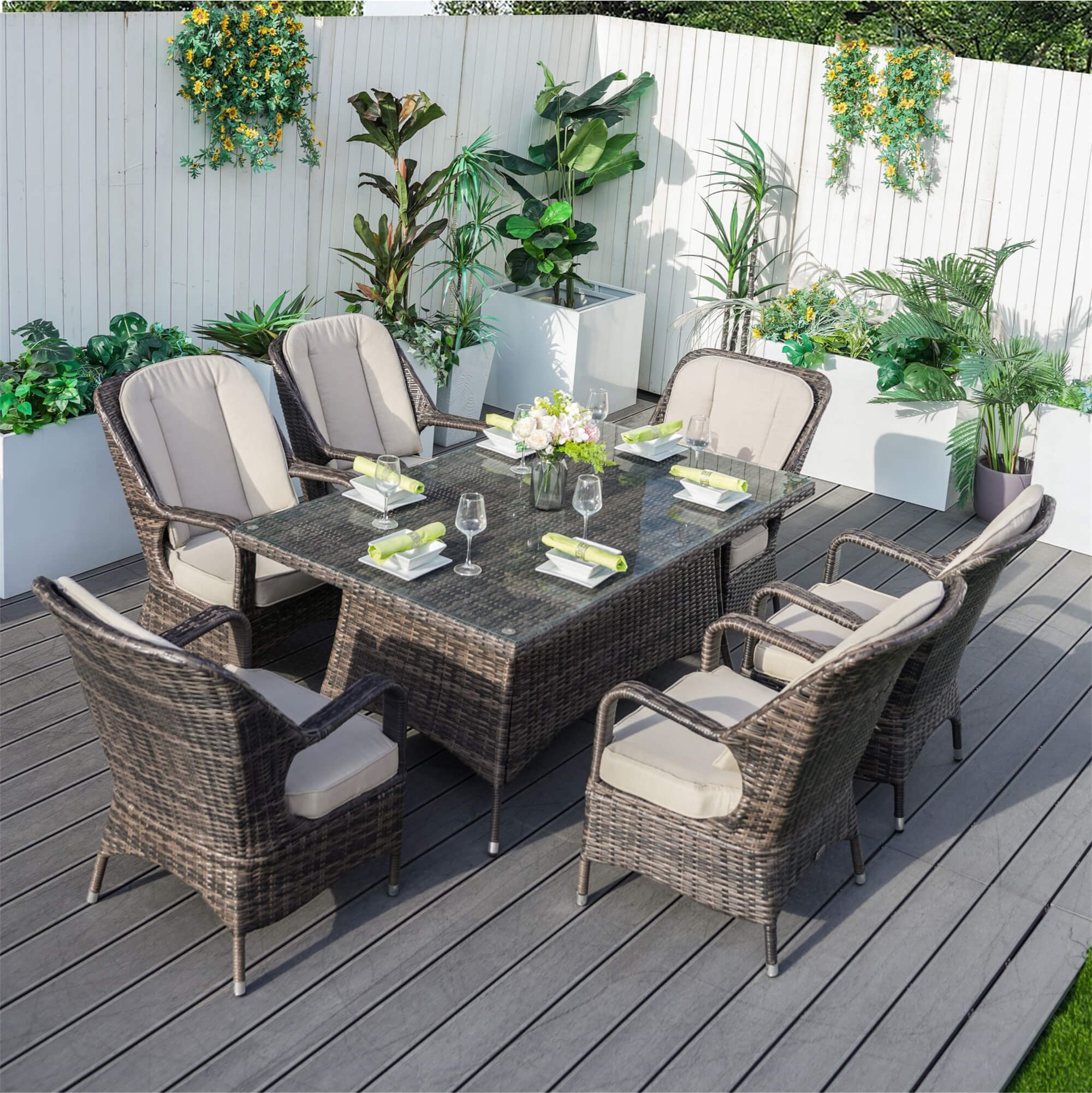 6-Seater Outdoor Rectangular Wicker Dining Set (PAD-1712+010) - Abrihome