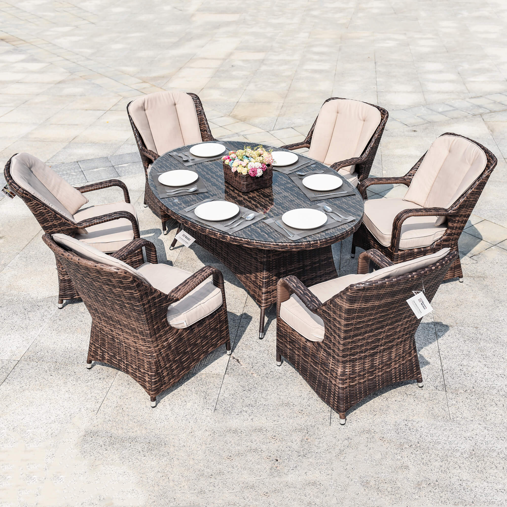7-Piece Patio Dining Set with Oval Glass Table & Cushions (PAD-1713-SET) - Abrihome