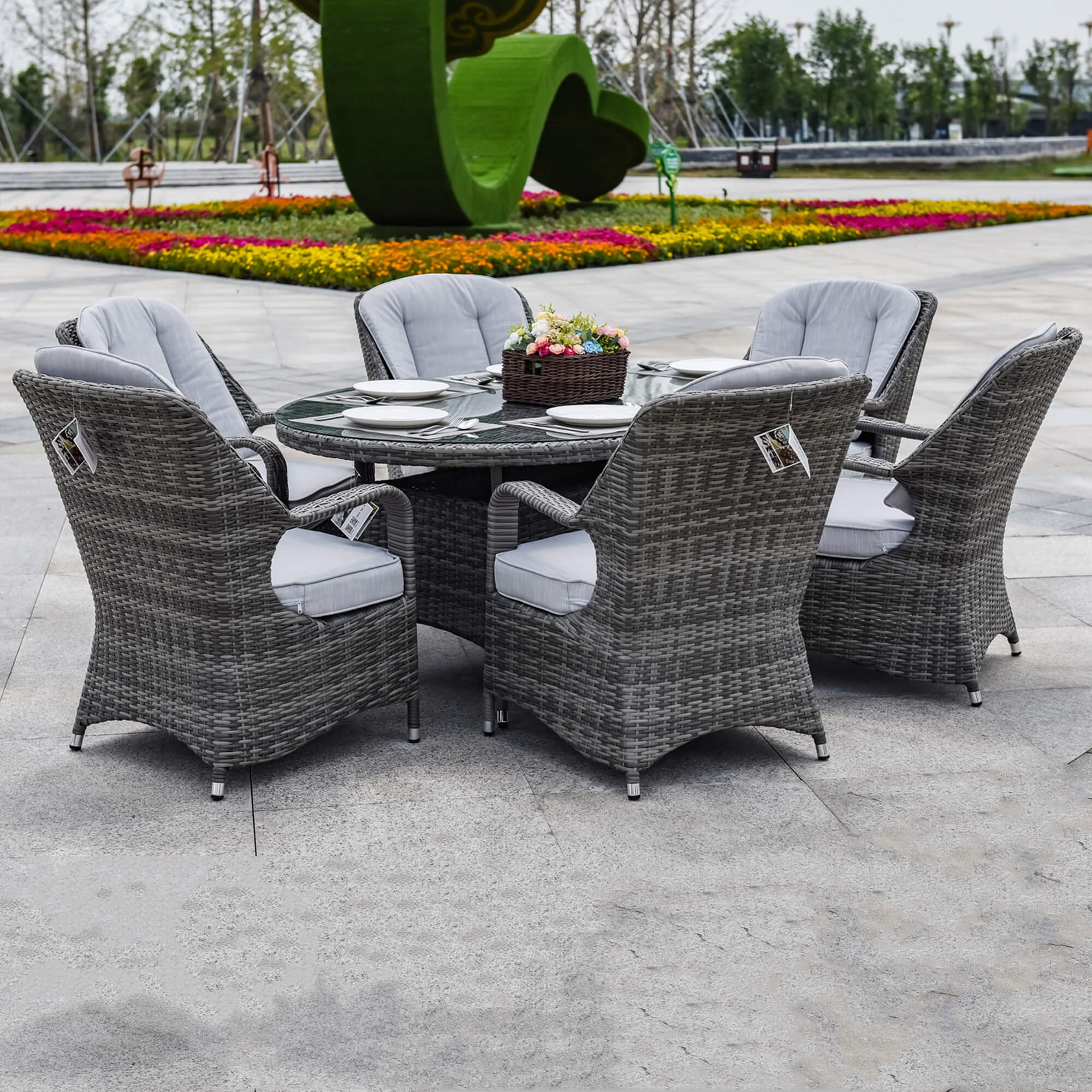 7-Piece Patio Dining Set with Oval Glass Table & Cushions (PAD-1713-SET) - Abrihome