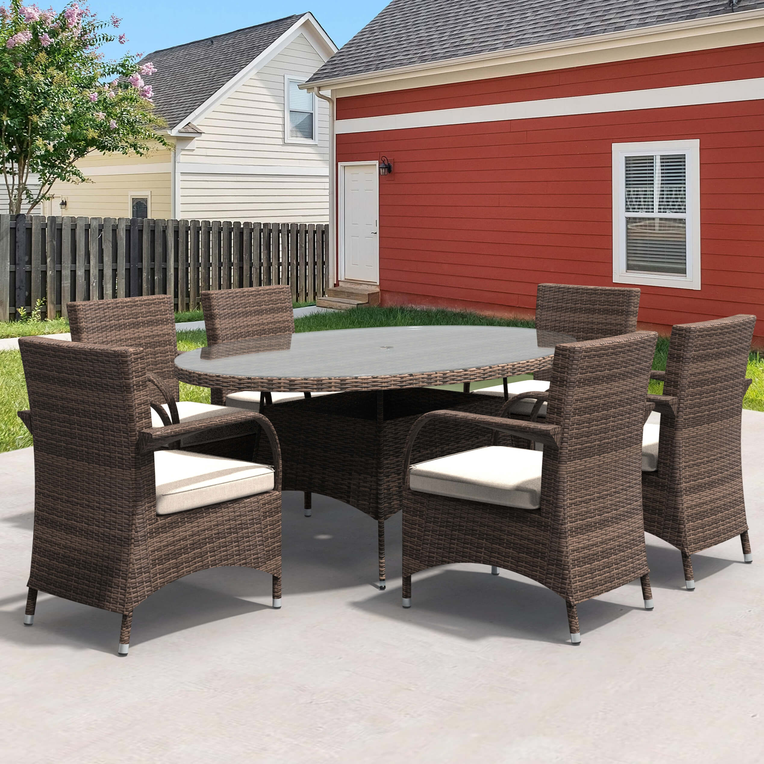 7-Piece Outdoor Wicker Dining Set with Oval Table(PAD-1713+1122) - Abrihome
