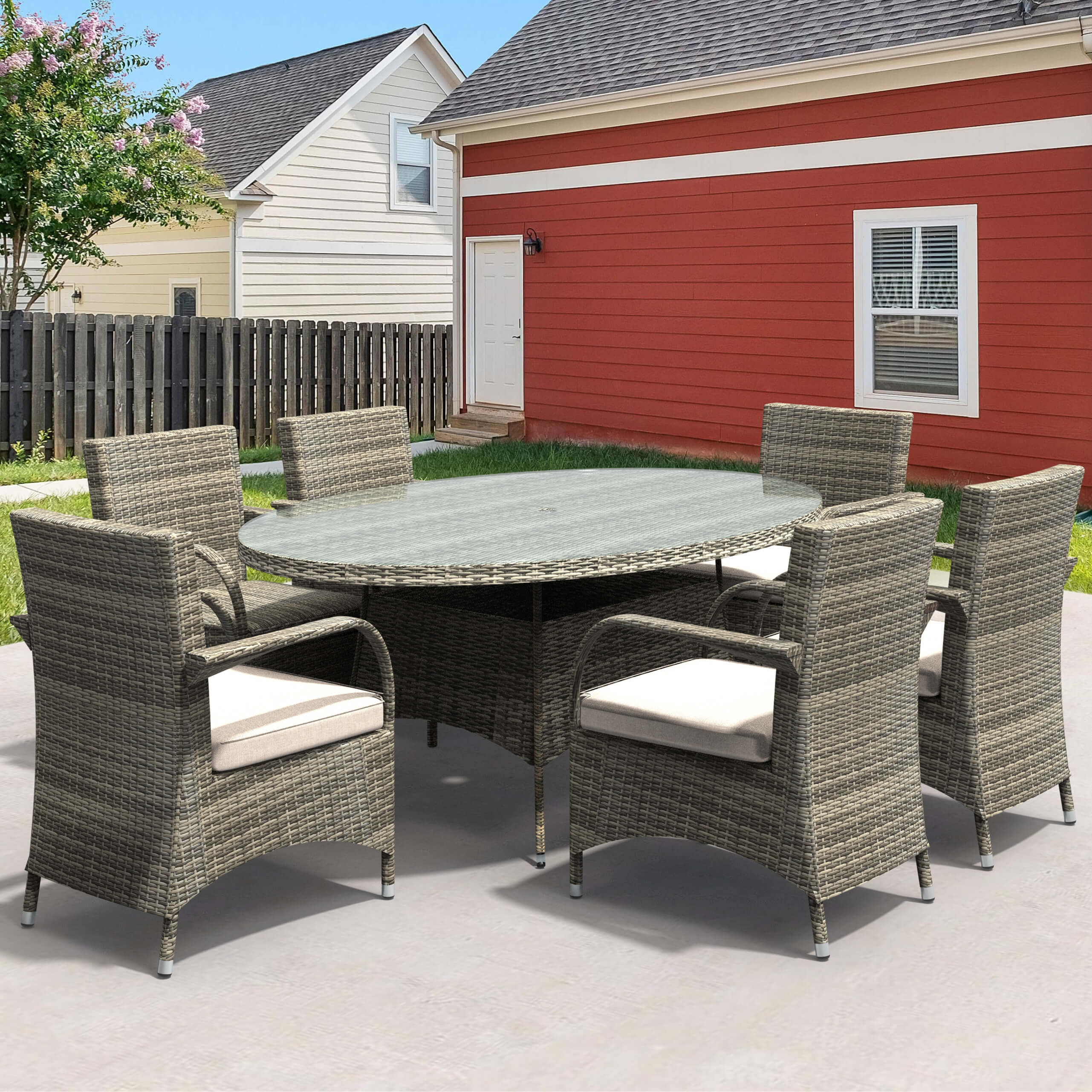 7-Piece Outdoor Wicker Dining Set with Oval Table(PAD-1713+1122) - Abrihome