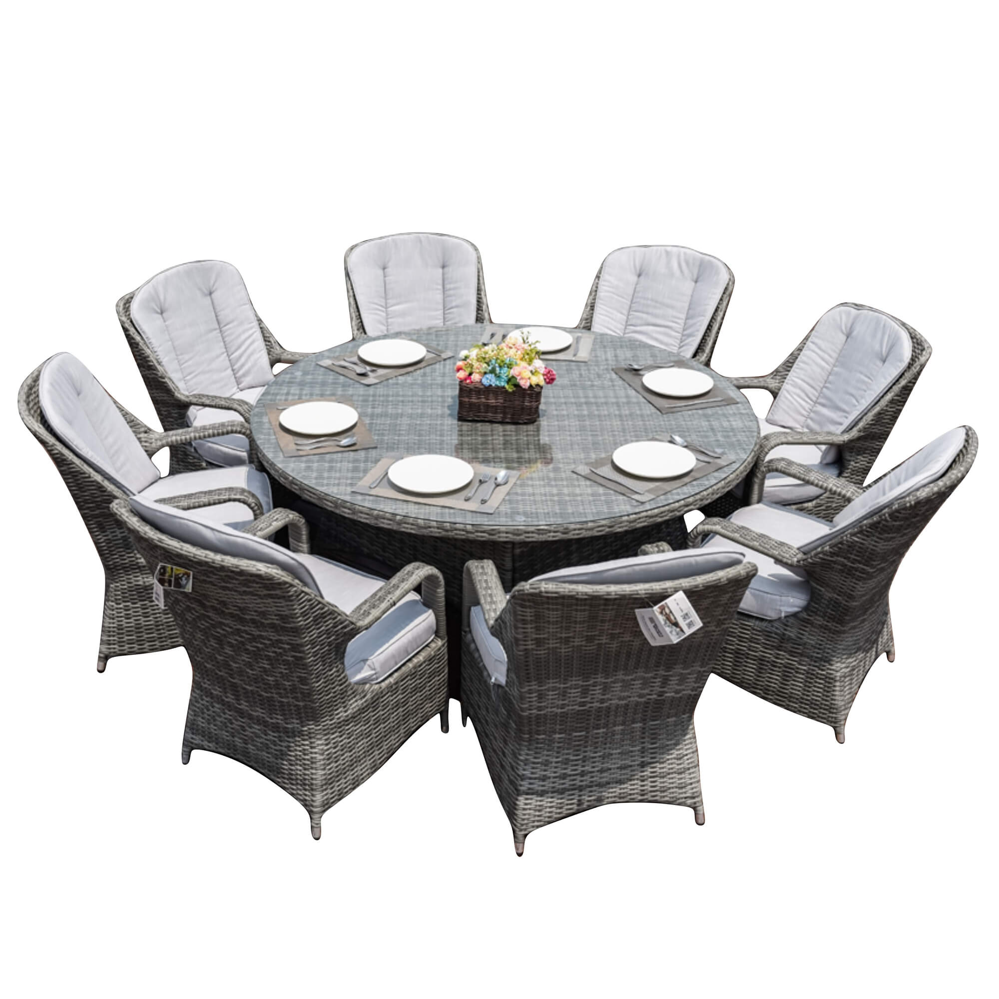 9-Piece Outdoor Dining Set with Round Table and 8 Cushioned Chairs (PAD-1714+009) - Abrihome
