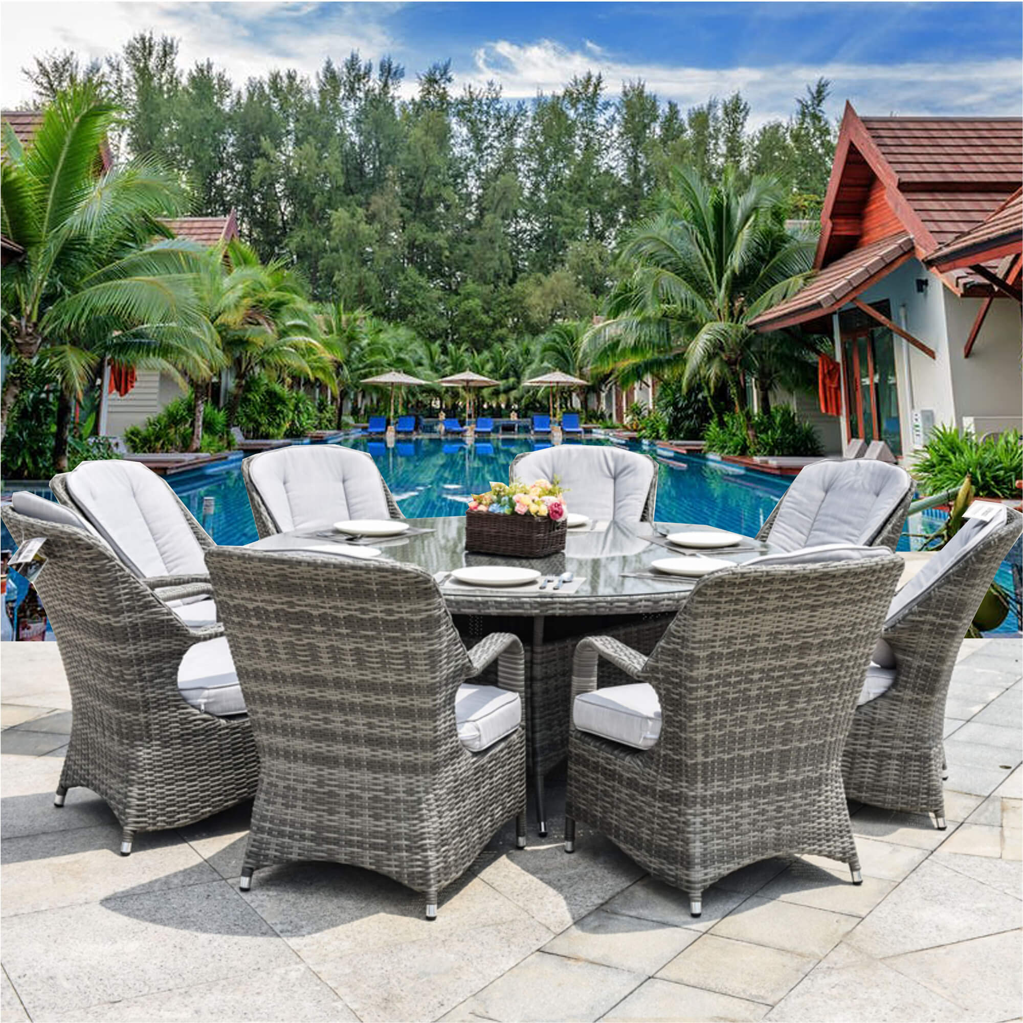 9-Piece Outdoor Dining Set with Round Table and 8 Cushioned Chairs (PAD-1714+009) - Abrihome