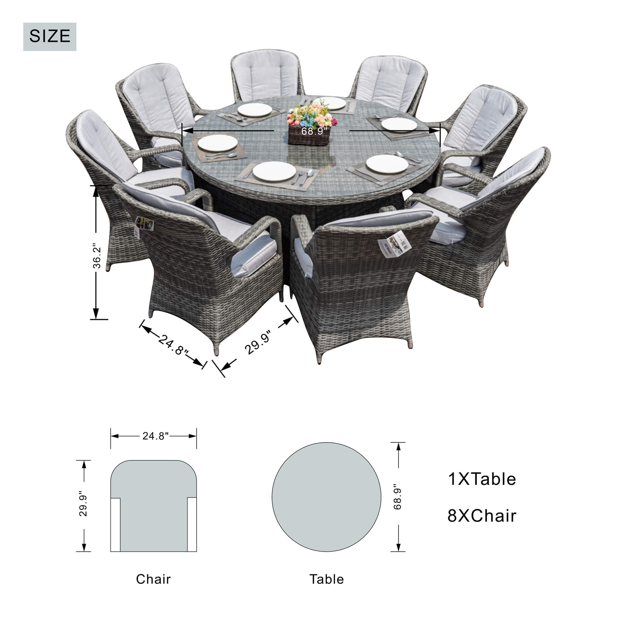 9-Piece Outdoor Dining Set with Round Table and 8 Cushioned Chairs (PAD-1714+009) - Abrihome