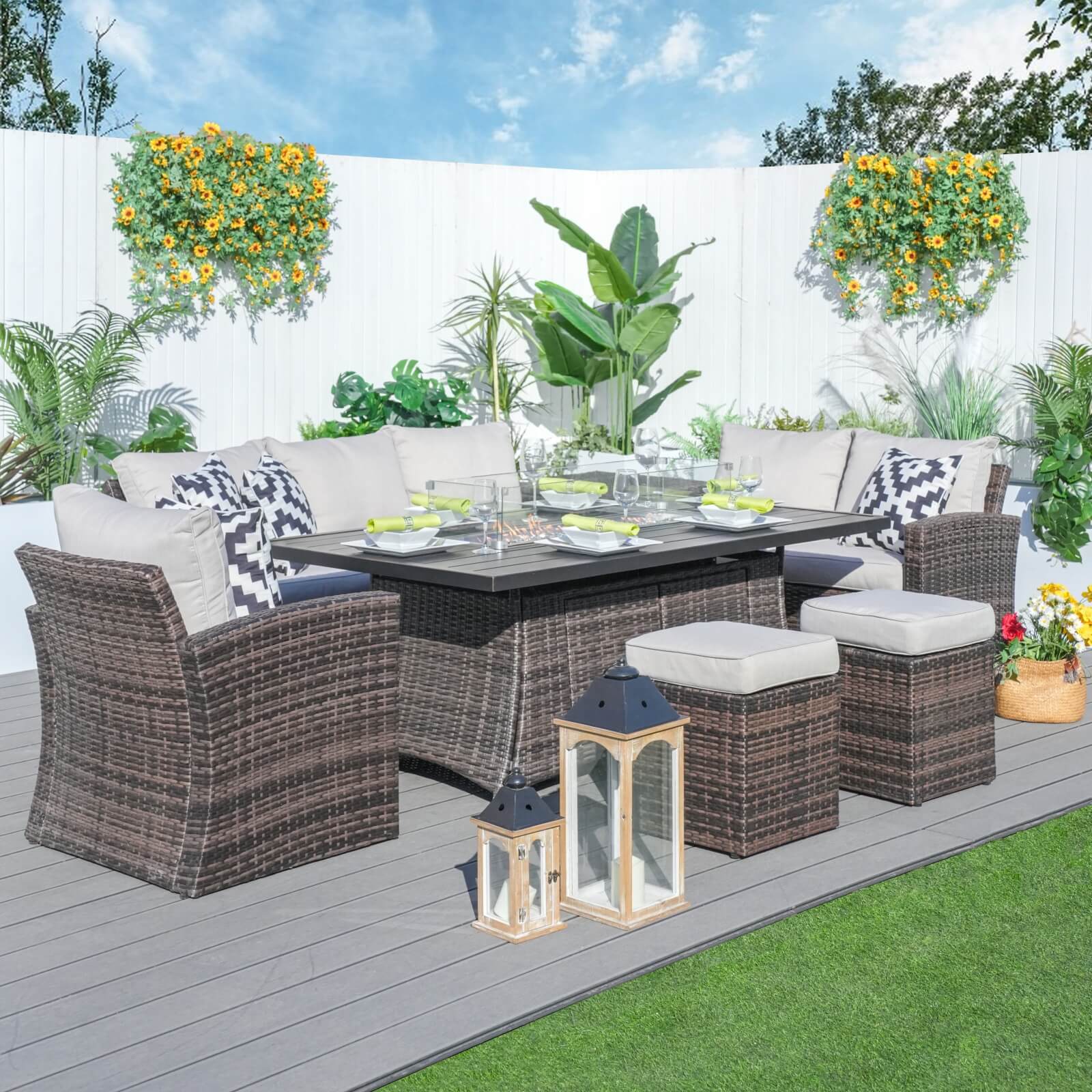 7-Piece Patio Conversation Set Featuring Rectangular Aluminum Fire Pit Table(PAS-1403B+1106RA) - Abrihome