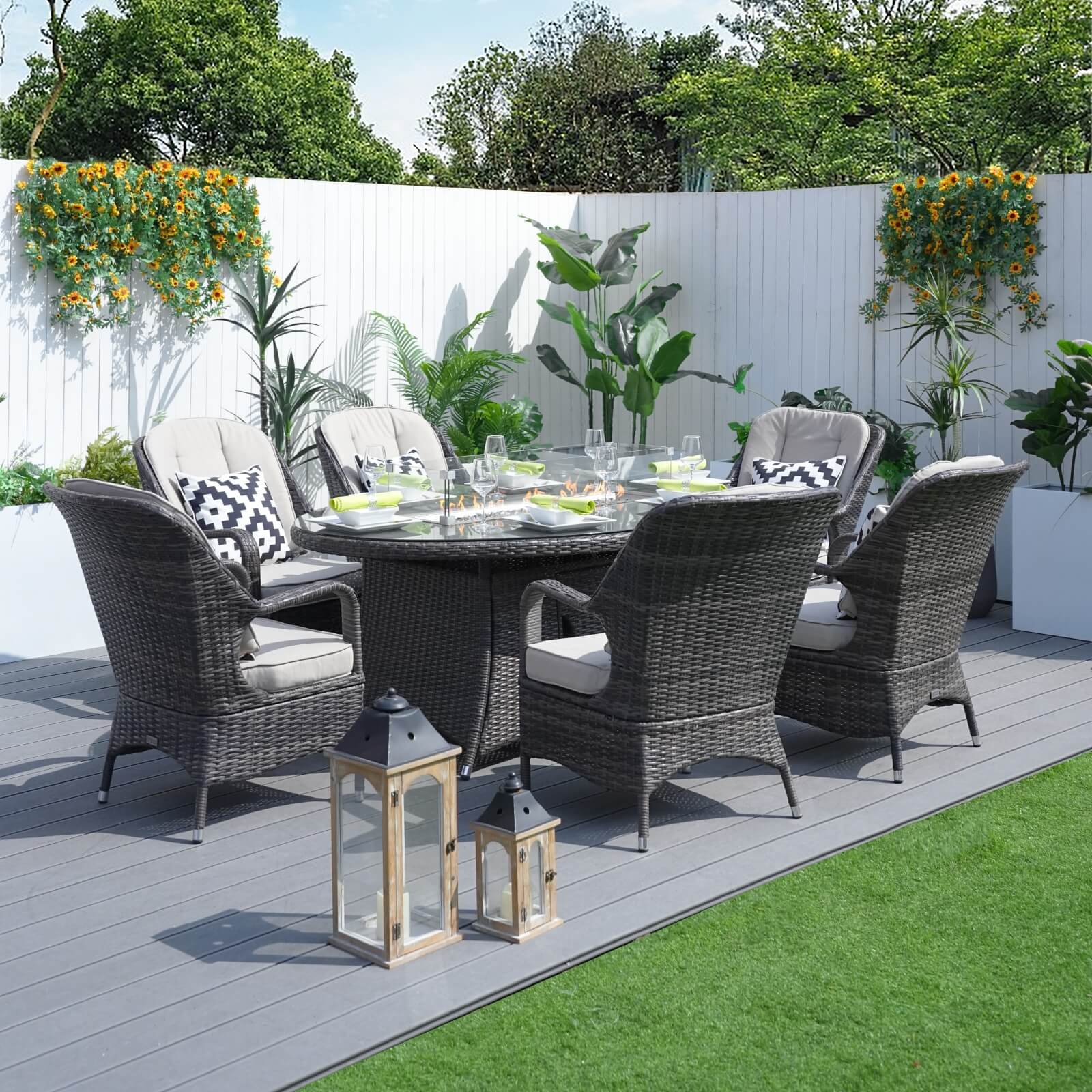 6-Seat Brown Outdoor Fire Pit Dining Set with Oval Gas Fire Pit Table(PAG-1106O-SET) - Abrihome