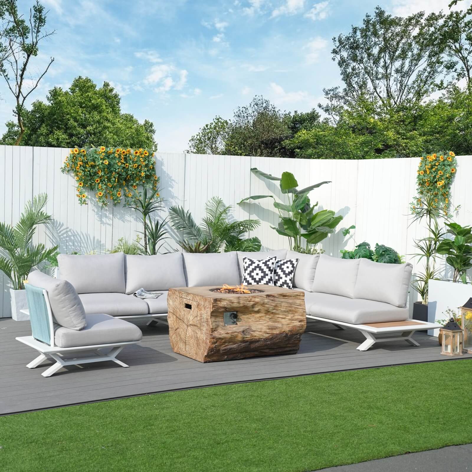 6 Seat Corner Sofa Set with TerraFlame Fire Pit Table(PAS-2323-WH+2170-BR) - Abrihome