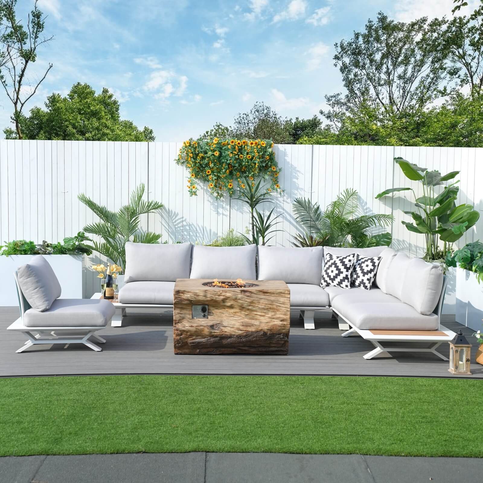 6 Seat Corner Sofa Set with TerraFlame Fire Pit Table(PAS-2323-WH+2170-BR) - Abrihome