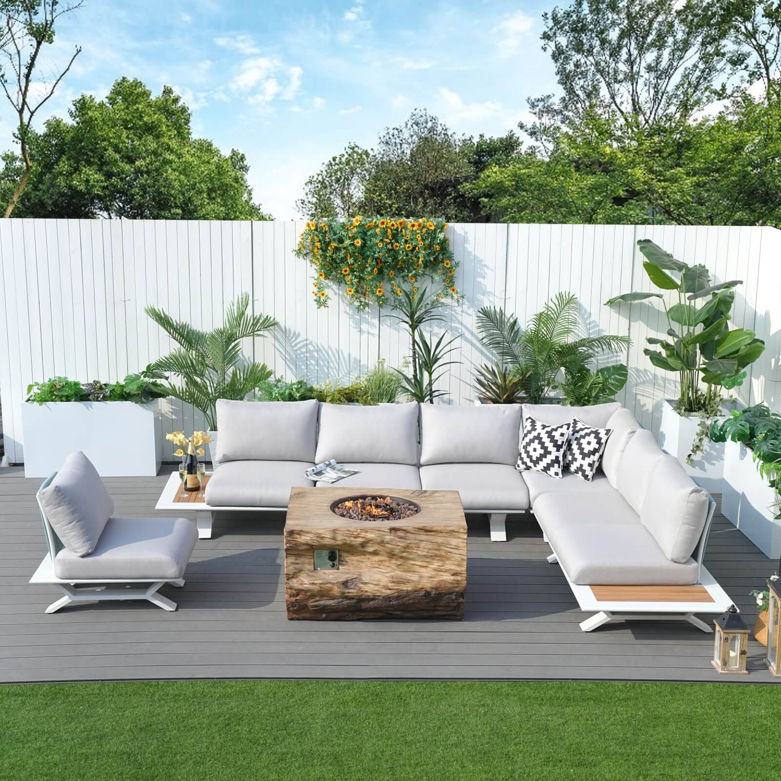 6 Seat Corner Sofa Set with TerraFlame Fire Pit Table(PAS-2323-WH+2170-BR) - Abrihome