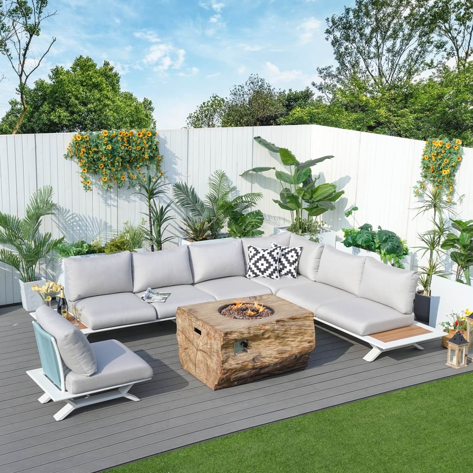 6 Seat Corner Sofa Set with TerraFlame Fire Pit Table(PAS-2323-WH+2170-BR) - Abrihome