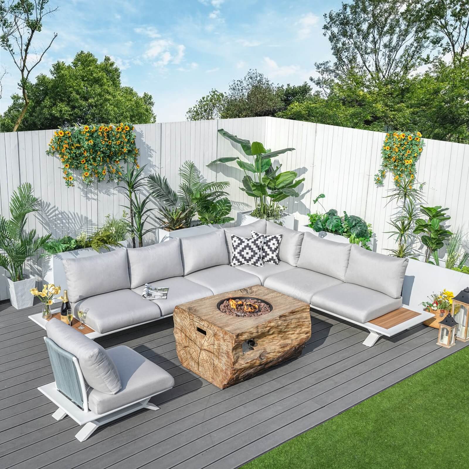 6 Seat Corner Sofa Set with TerraFlame Fire Pit Table(PAS-2323-WH+2170-BR) - Abrihome