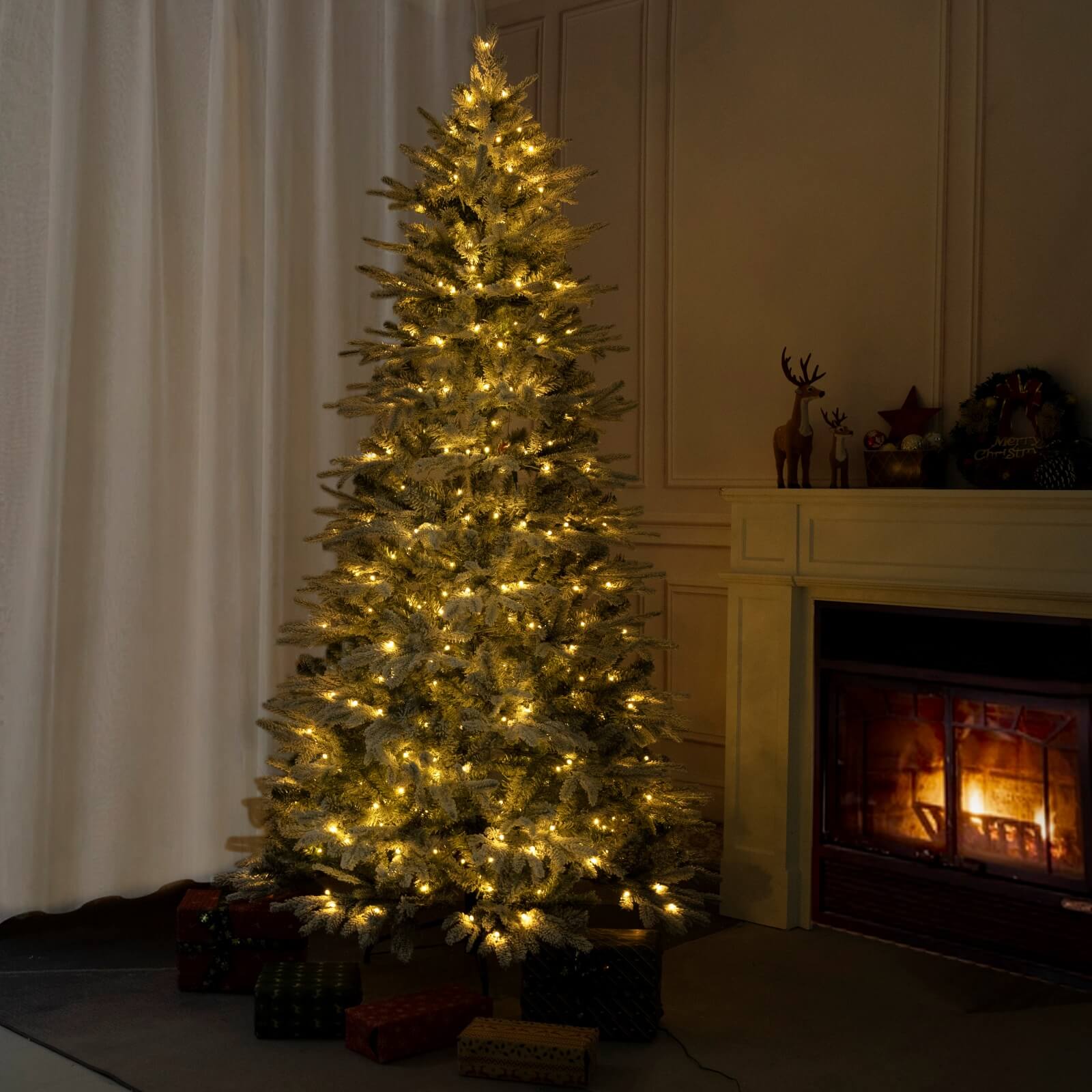 6FT Snow-Flocked Artificial Christmas Tree with Optional Warm White LED Lights(PJT-2507-6FT) - Abrihome