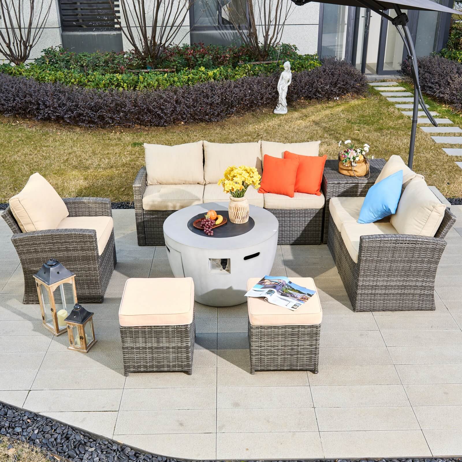 7-Piece Outdoor Conversation Set with Round Fire Pit Table(PAS-1403B+2160) - Abrihome