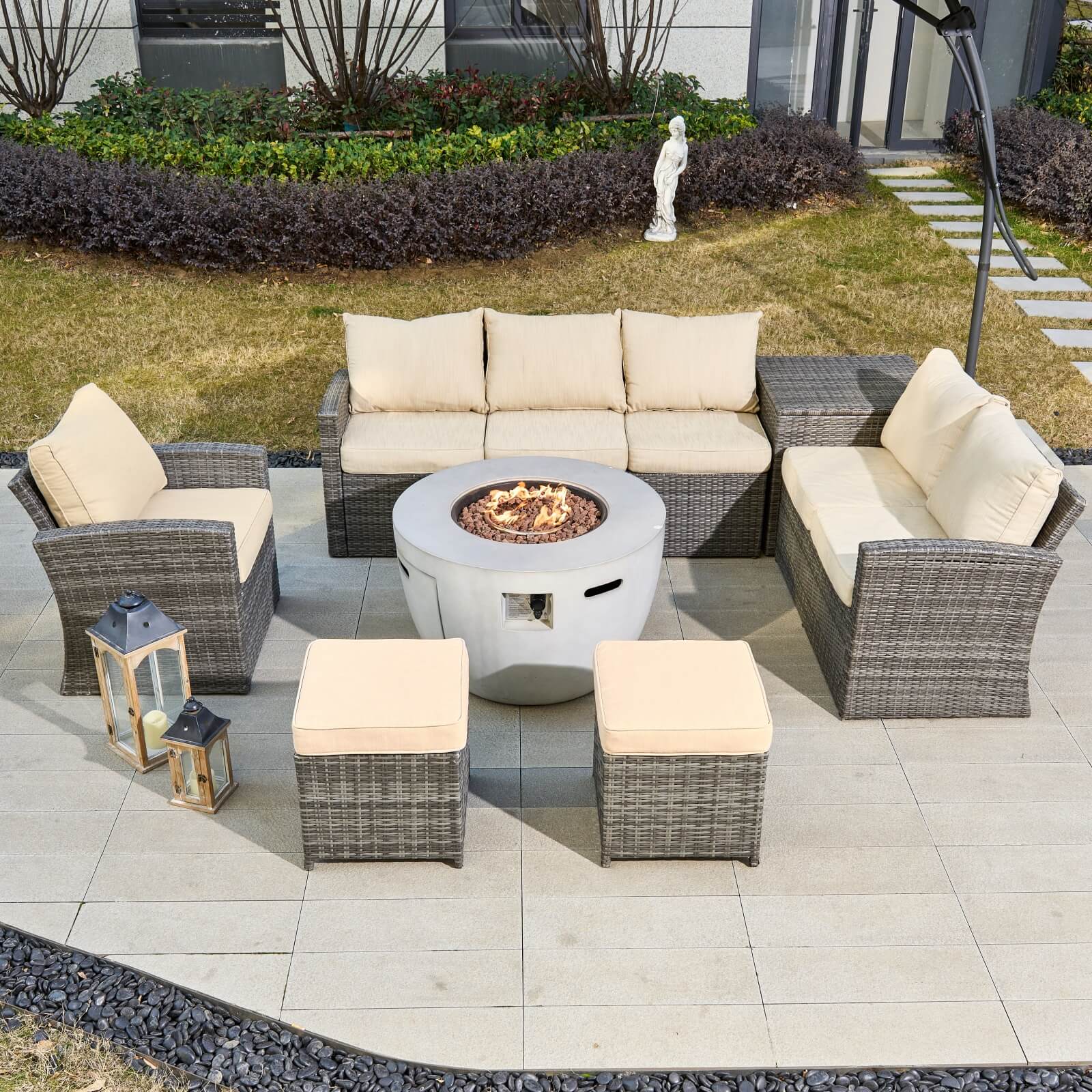 7-Piece Outdoor Conversation Set with Round Fire Pit Table(PAS-1403B+2160) - Abrihome