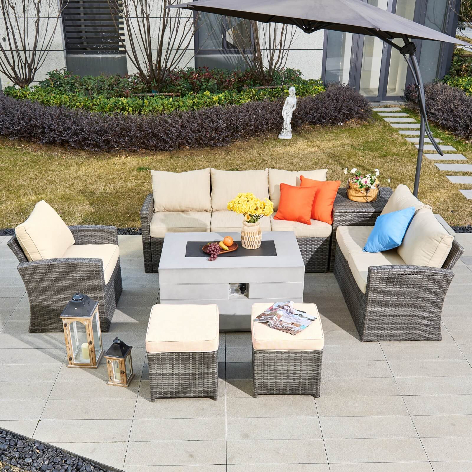 7-Piece Outdoor Conversation Set with Rectangular Fire Pit Table (PAS-1403B+2150) - Abrihome