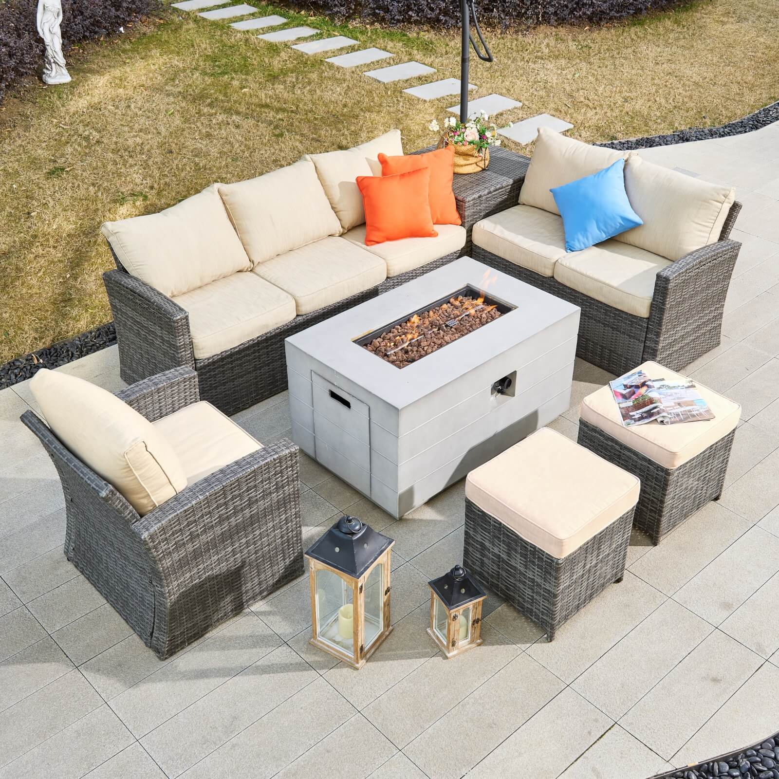 7-Piece Outdoor Conversation Set with Rectangular Fire Pit Table (PAS-1403B+2150) - Abrihome