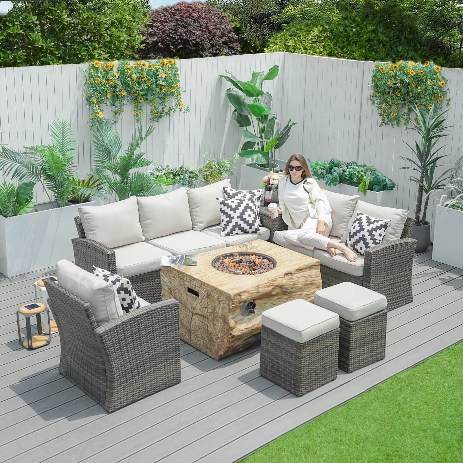 7-Piece Outdoor Fire Pit Set with TerraFlame Rectangle Table(PAG-1403B+2170) - Abrihome