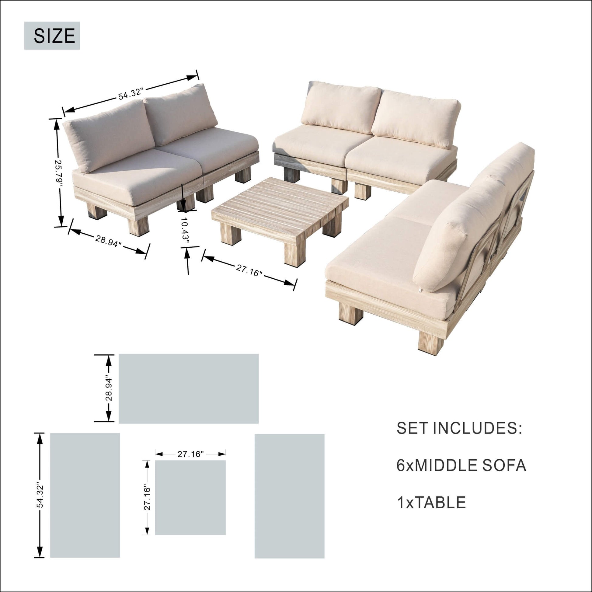 Armless 6-Seat Patio Sofa Set (PAS-2510-6S-Armless-SET) - Abrihome