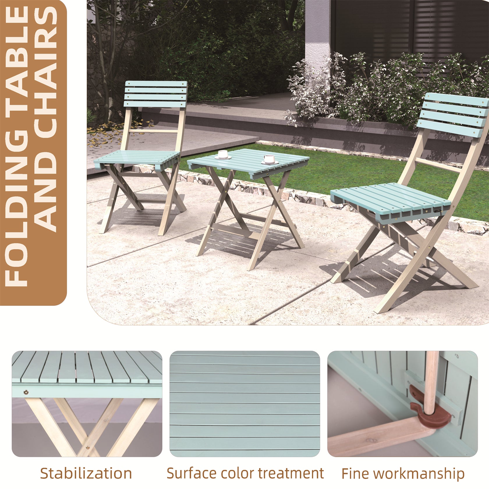 3-Piece Acacia Wood Outdoor Bistro Set with Folding Chairs & Square Table(PAC-2525) - Abrihome