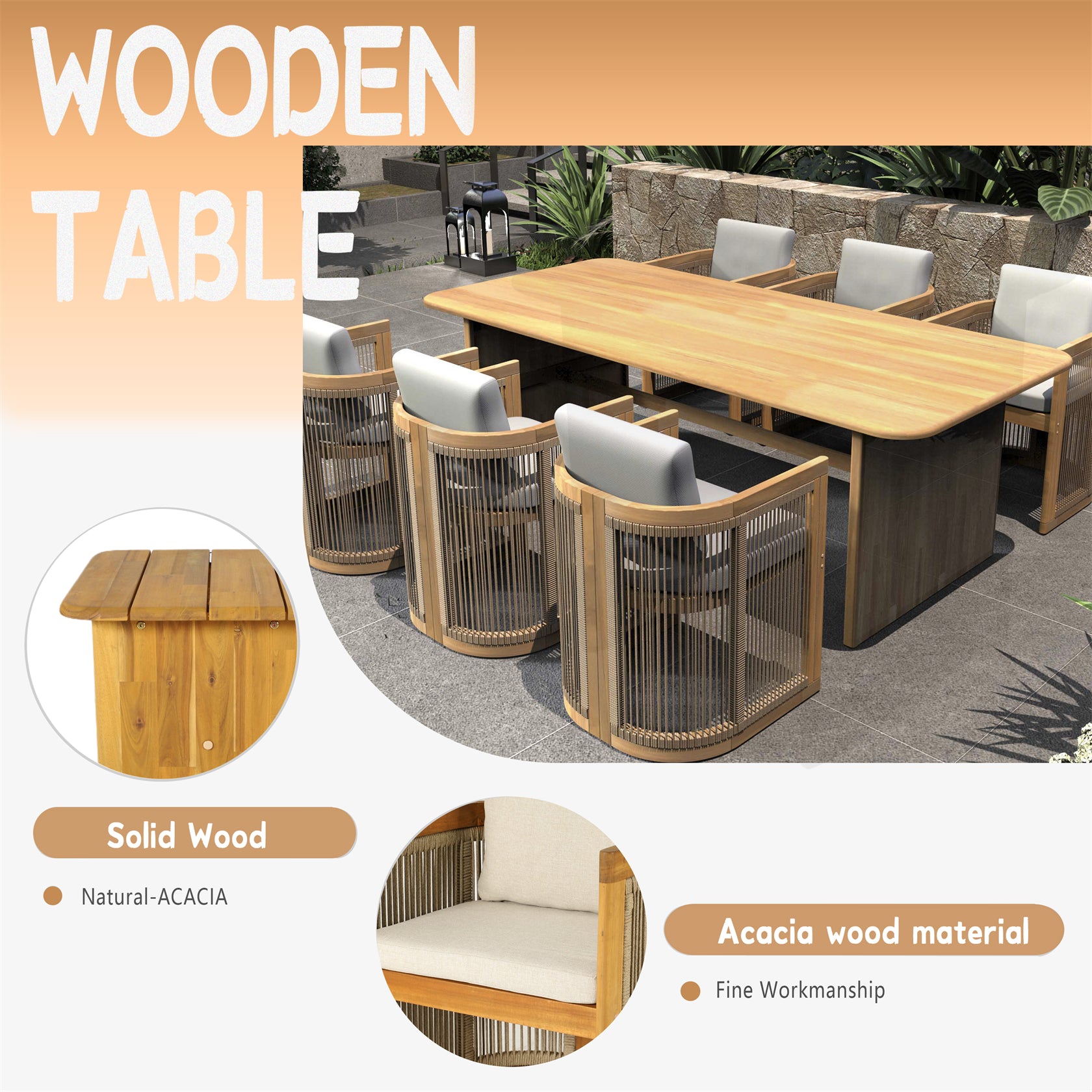 6-Seat Acacia Wood Outdoor Dining Set with Cushions(PAD-2517-TA+SC*6) - Abrihome