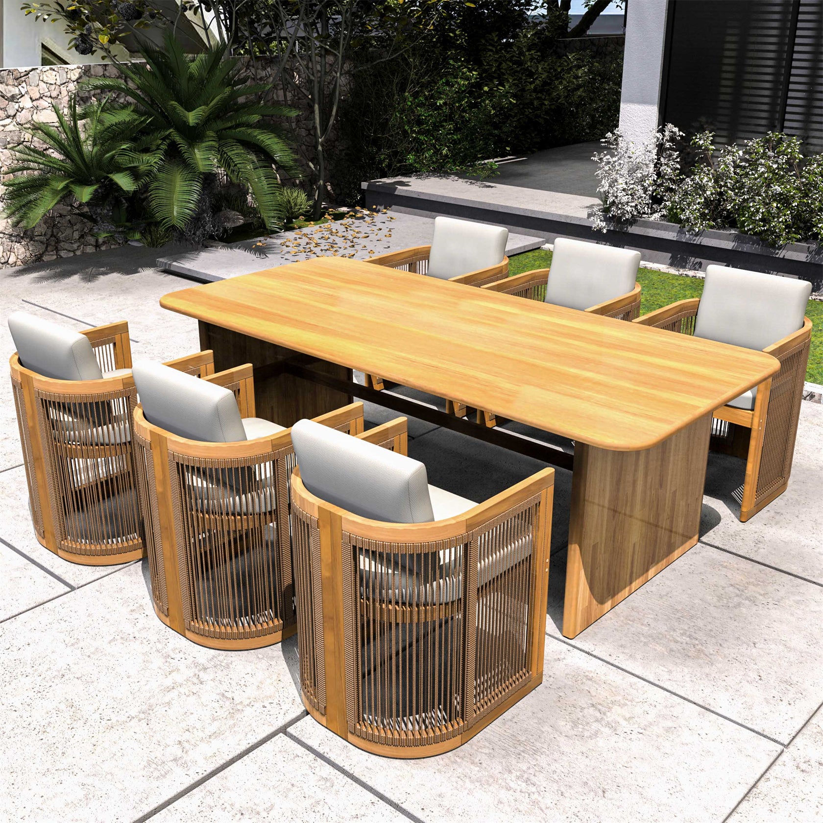 6-Seat Acacia Wood Outdoor Dining Set with Cushions(PAD-2517-TA+SC*6) - Abrihome
