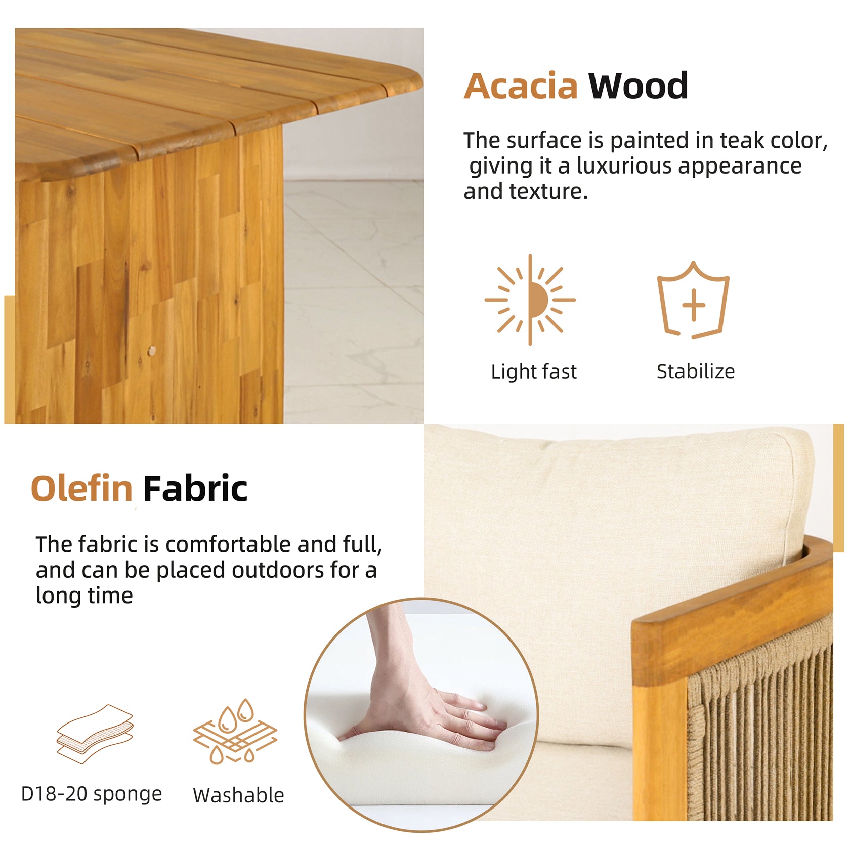 6-Seat Acacia Wood Outdoor Dining Set with Cushions(PAD-2517-TA+SC*6) - Abrihome