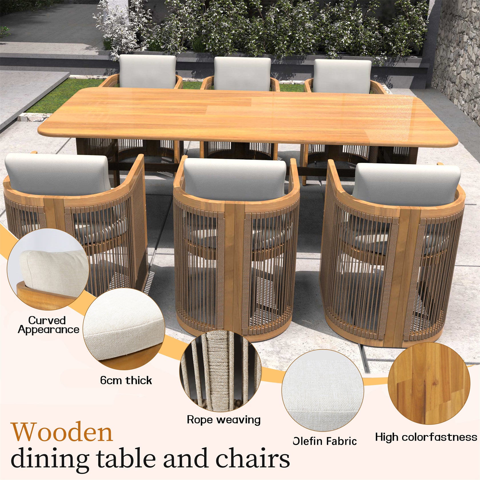 6-Seat Acacia Wood Outdoor Dining Set with Cushions(PAD-2517-TA+SC*6) - Abrihome