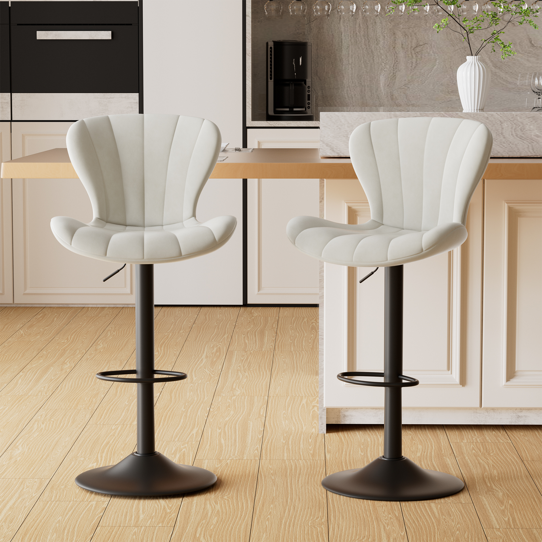 Set of 2 Bar Stools – 300 lbs Capacity, 360° Swivel, Adjustable Height, Ergonomic Design, Premium PU Leather, Waterproof, Sturdy and Durable