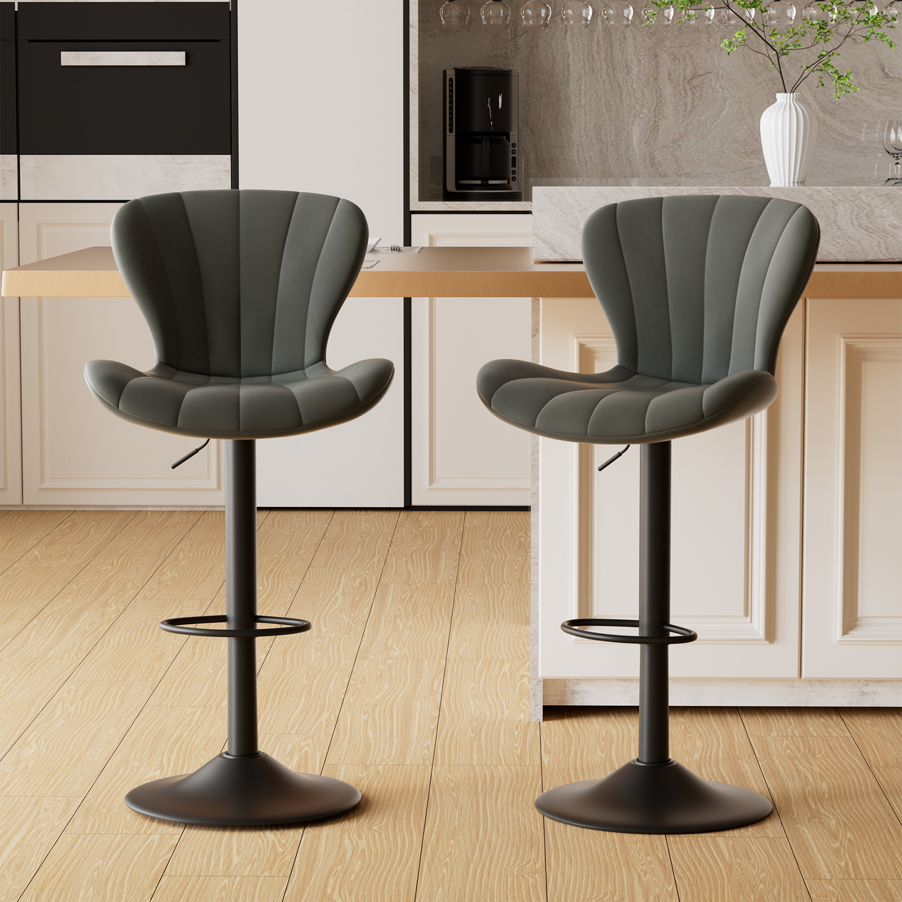 Set of 2 Bar Stools – 300 lbs Capacity, 360° Swivel, Adjustable Height, Ergonomic Design, Premium PU Leather, Waterproof, Sturdy and Durable