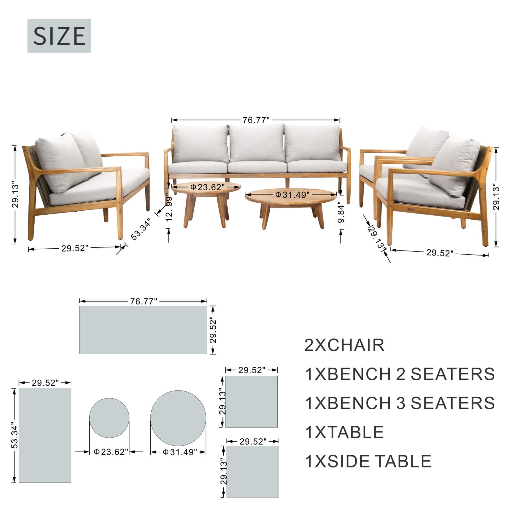 Natural Acacia Wood Outdoor Seating Set – 6-Piece Rustic Patio Sofa & Table Collection（PAS-2513-3SC+2SC+SC*2+TA+ST) - Abrihome