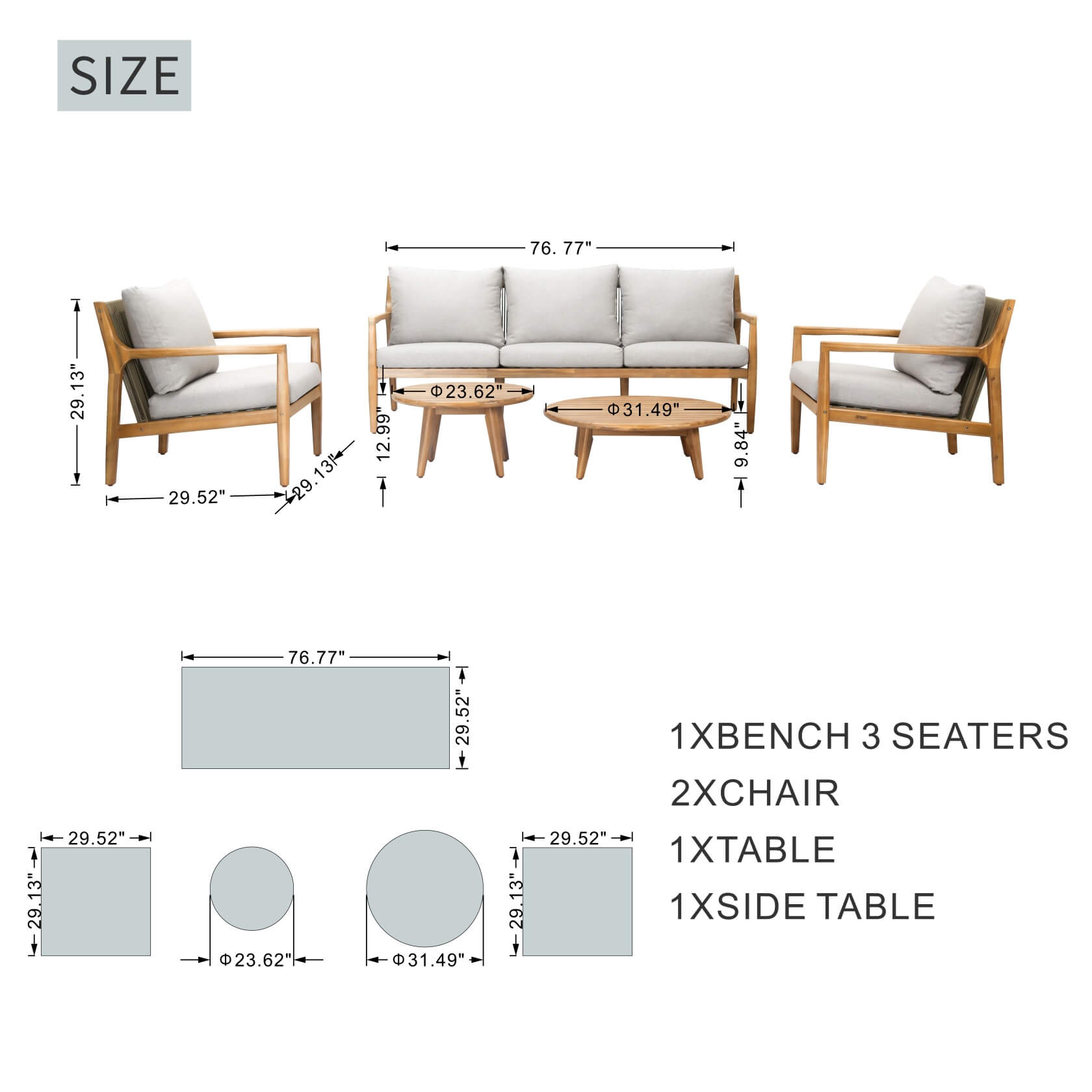 5-Piece Acacia Patio Set – Sofa & Table for Outdoor Gatherings(PAS-2513-3SC+SC*2+TA+ST) - Abrihome