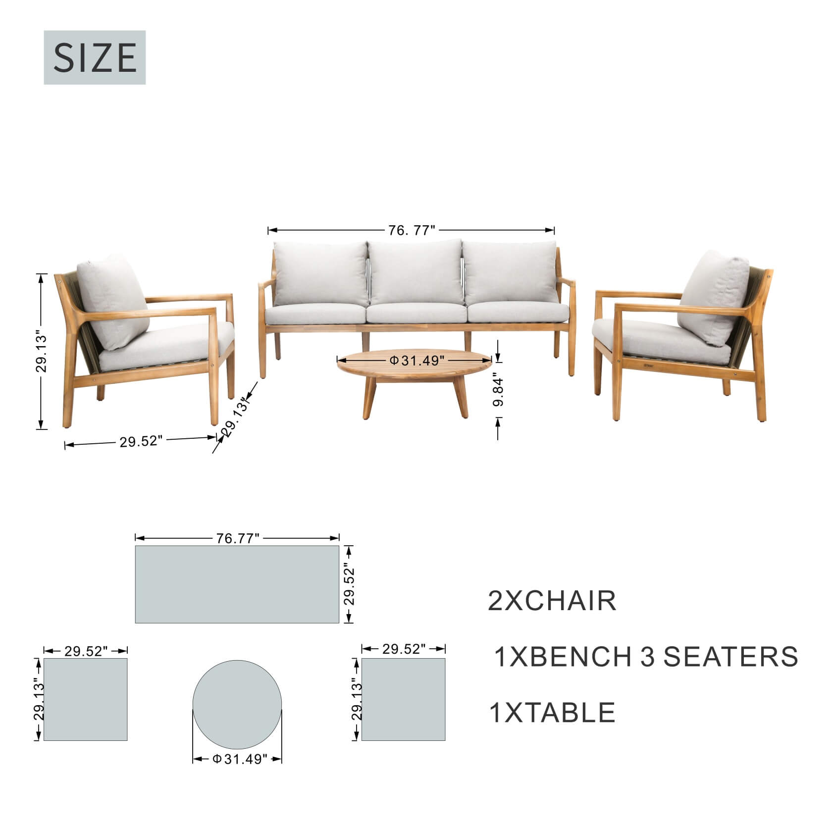 Teak-Color 5-Person Outdoor Sofa Set with Cushions (PAS-2513-3SC+SC*2+TA) - Abrihome