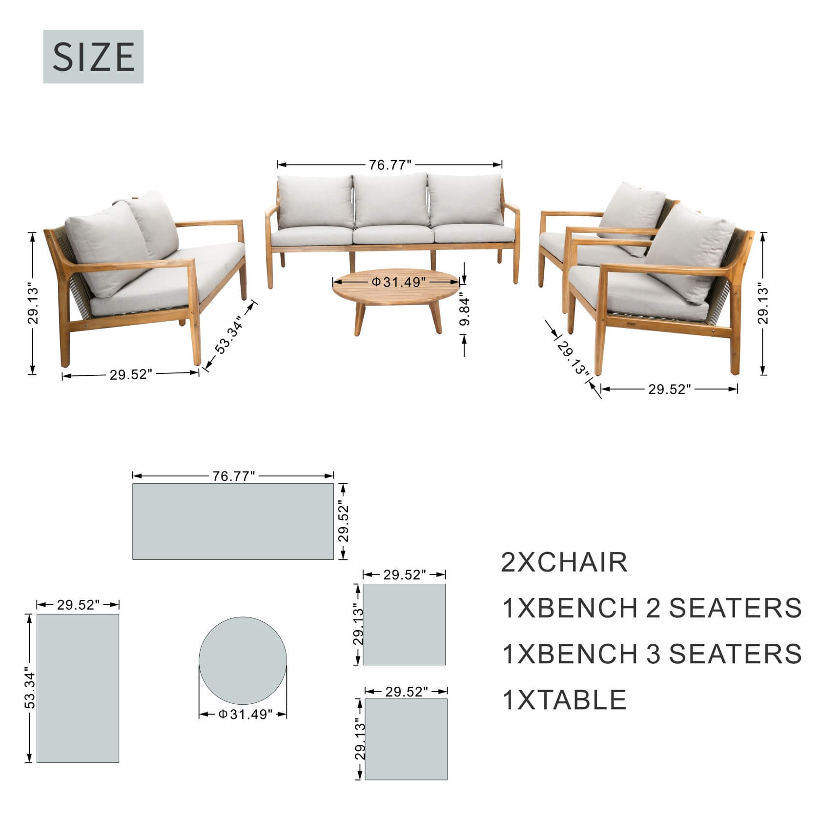 5-Piece Solid Acacia Wood Outdoor Furniture Set (PAS-2513-3SC+2SC+SC*2+TA) - Abrihome