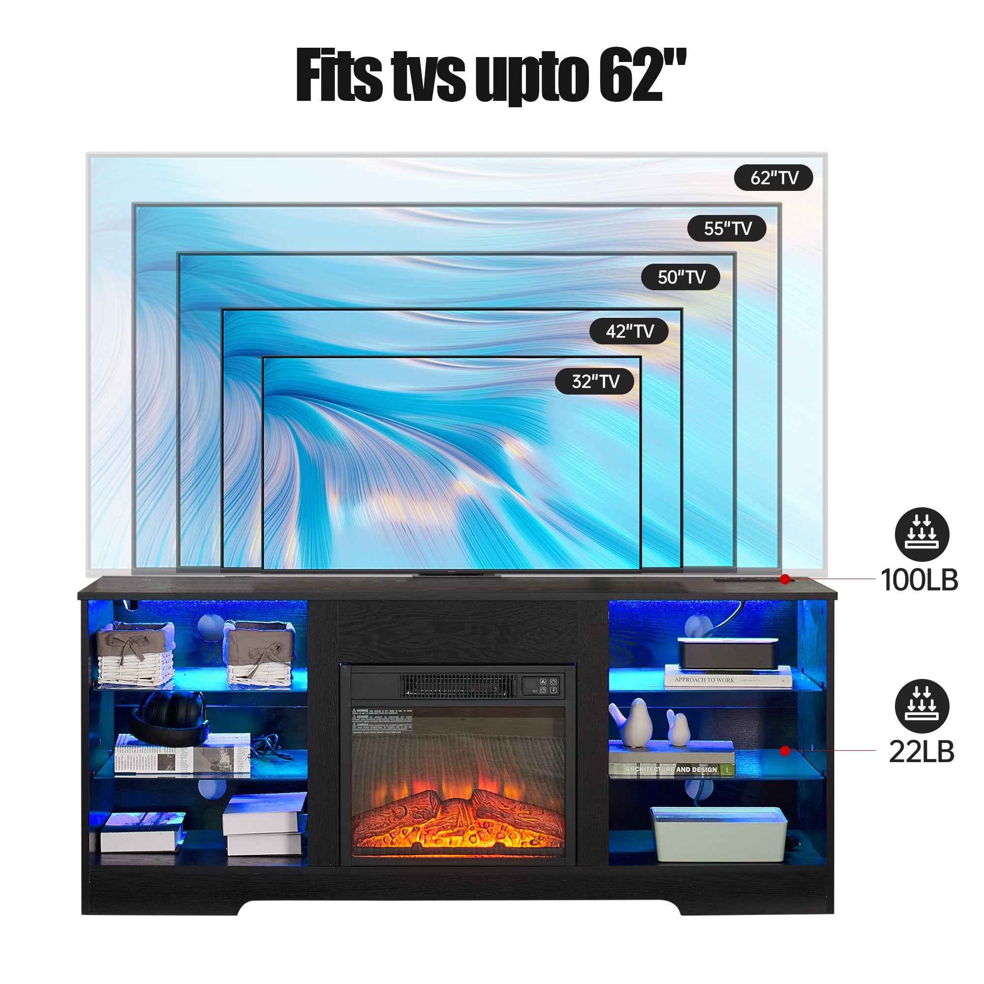 TV Stand Electric Fireplace TV Stand with Glass Shelves, 3D Fireplace TV Stand with LED Lights Wood with USB Charging Outlet Modern Television Table Center for TV up to 32-62' Black 58''W*15.4''D*24.6