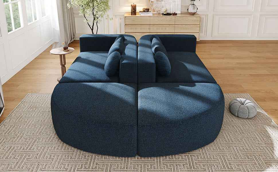 Boneless Couch Modular Sectional Sofa with Deep Seating and Curved Design in Blue Boucle, 114.9 Inches
