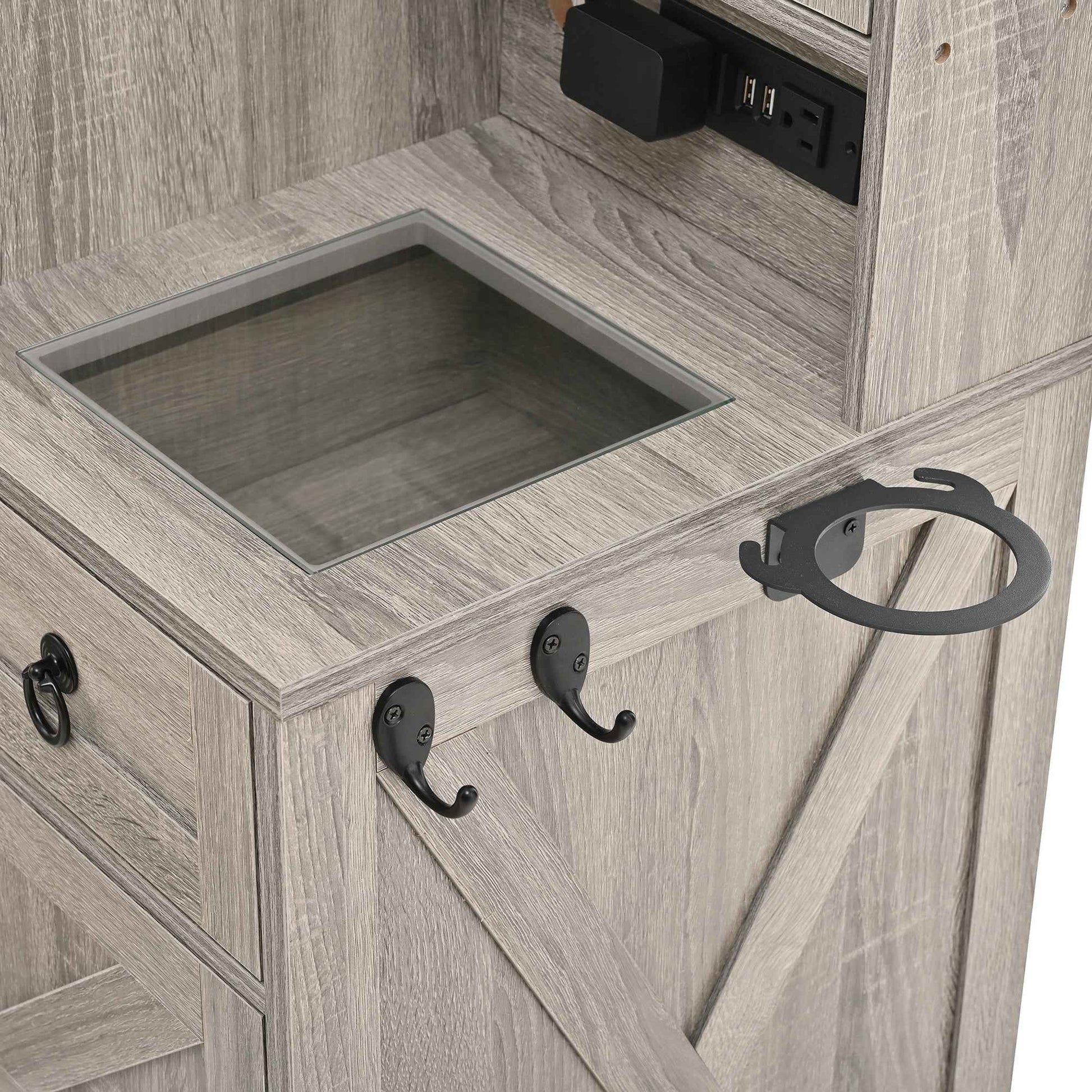 Farmhouse Vanity Desk with Sliding Mirror and Lights, Vanity Set with Glass Top and Charging Station ,Dressing Table with 4 Drawers and 2 Cabinets, Dressing Table with Stool for Bedroom, Gray