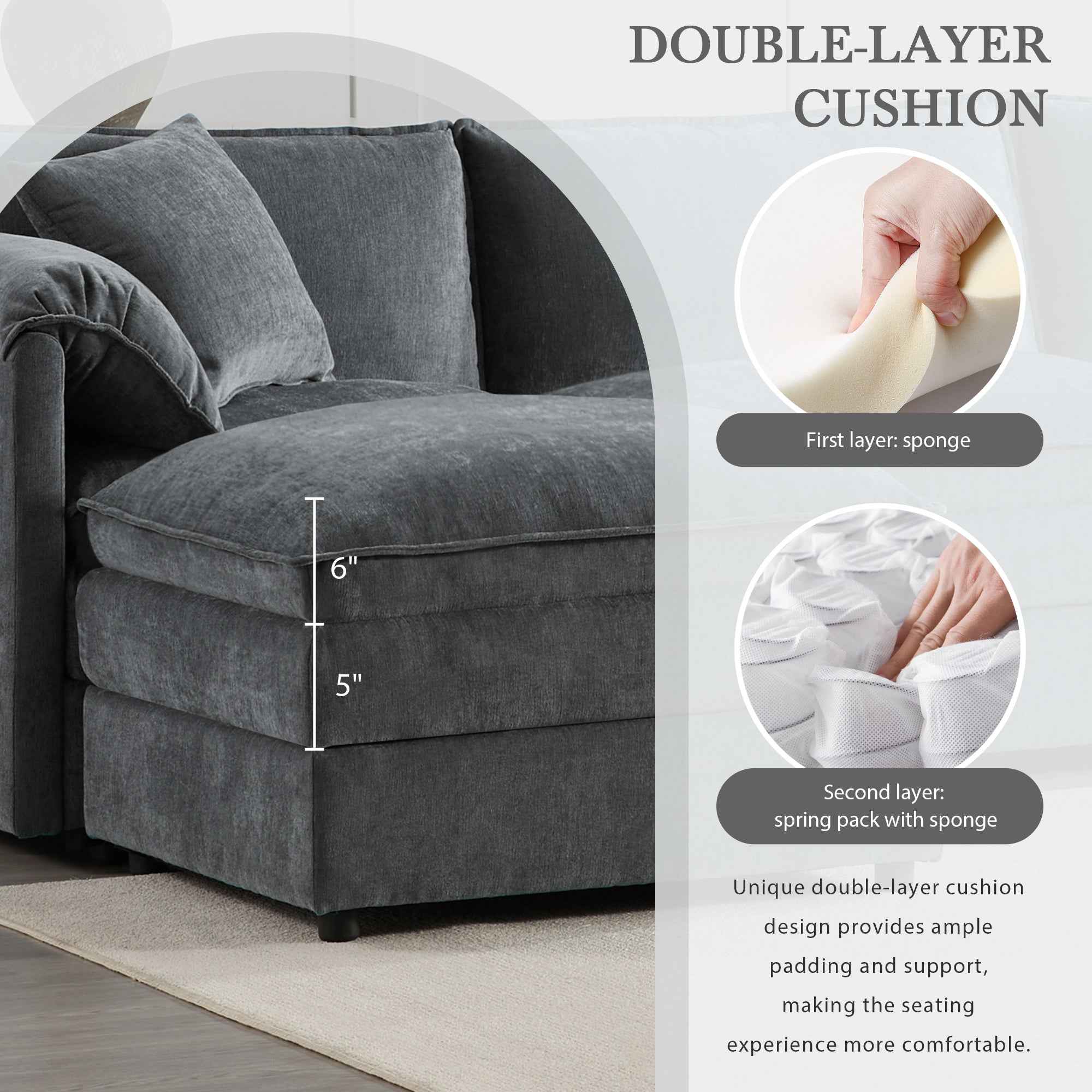 Chenille Modular Sectional Sofa with Deep and Wide Seat in Dark Gray, L Shaped Cloud Couch Set with Double Cushions, 4 Seat Sofa with Movable Ottoman