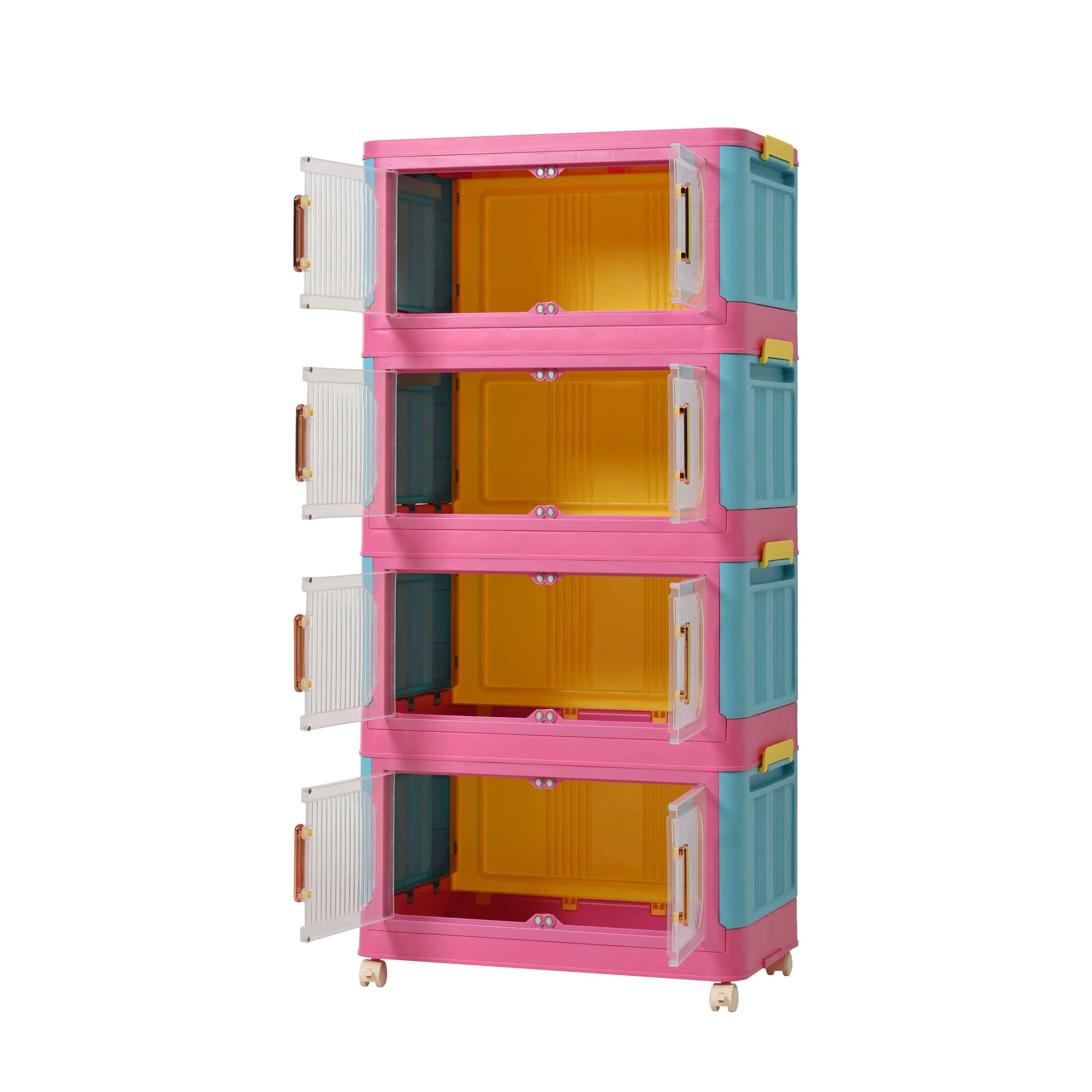 Happy Color, 20' Side Wide Folding Storage Cabinet ,4 Tiers,19.69'×11.81'×40.55',Collapsible Storage Bins with Magnetic Door, Plastic Storage Cabinet with Wheels
