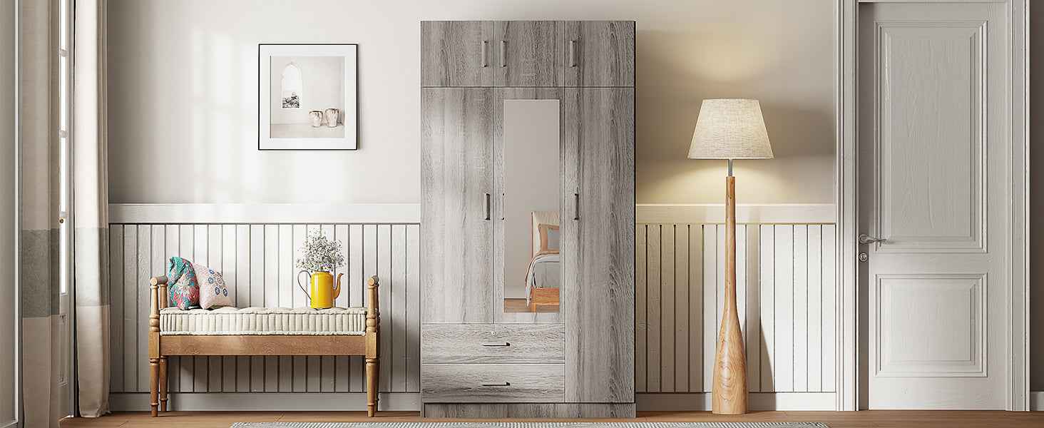 3-Door Mirror  Wardrobe with 2 Drawers and Top Cabinet,Gray