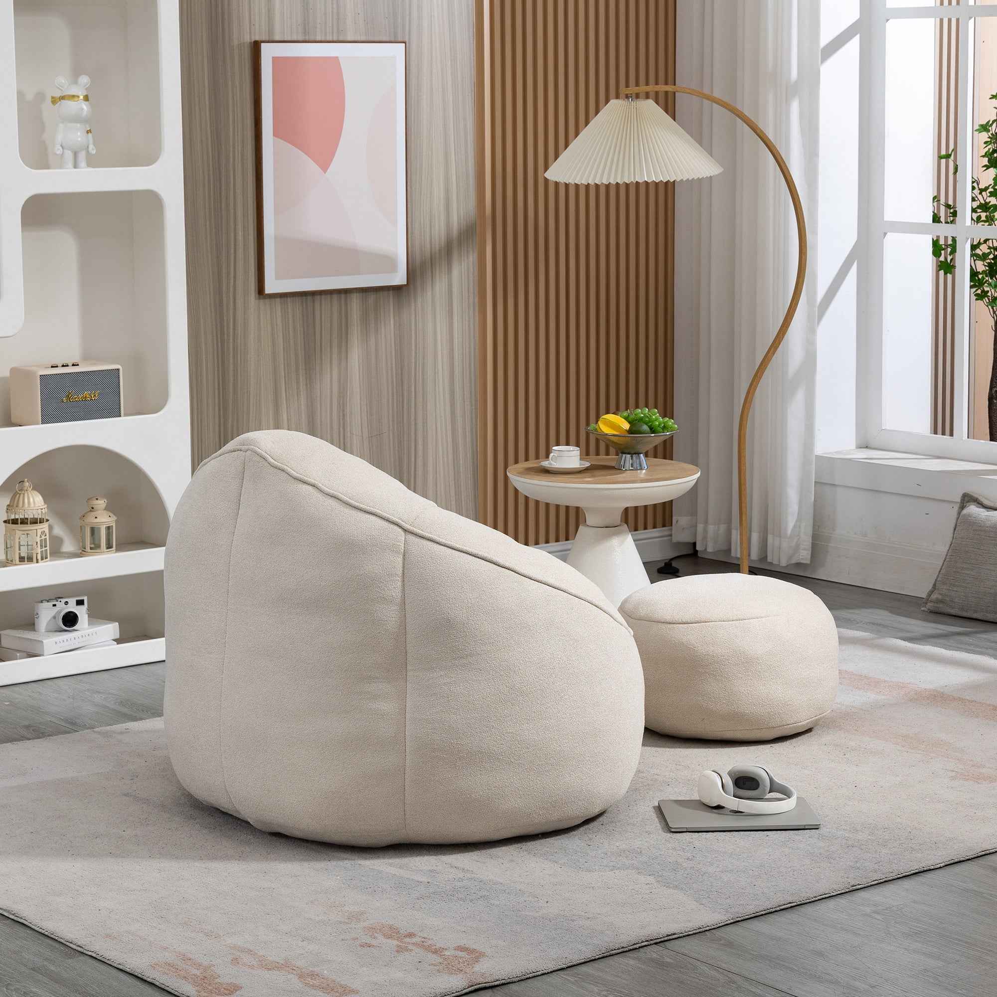 Bedding Bean Bag Sofa Chair with High-Pressure Foam and Footrest, Beige Microfiber